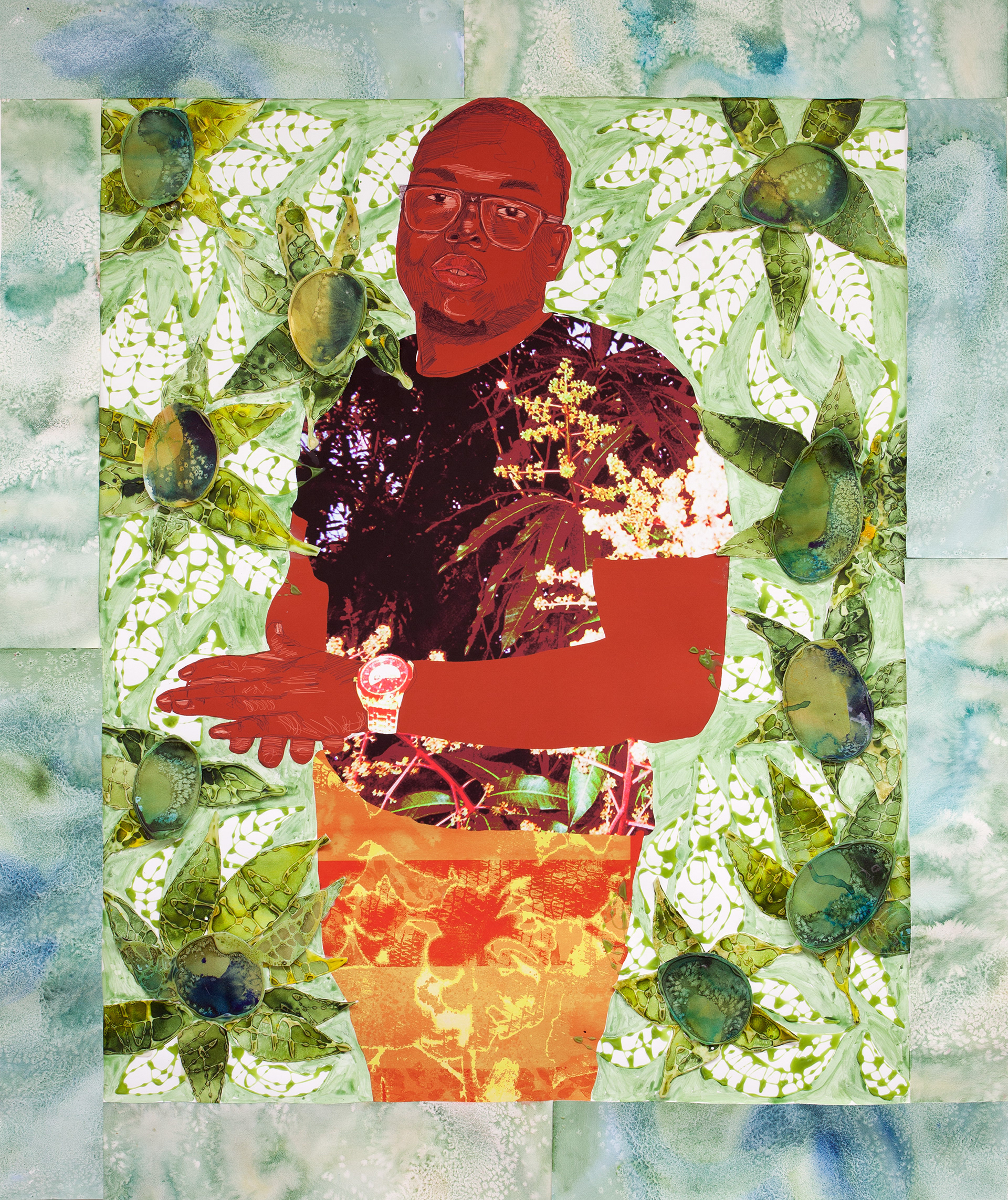 "Enveloped by the Sun #12 (Bry Bry)", Acrylic, Collage and Glitter on Printed Paper,  44” x 53”, 2022, Photographed By Phillip Karp 