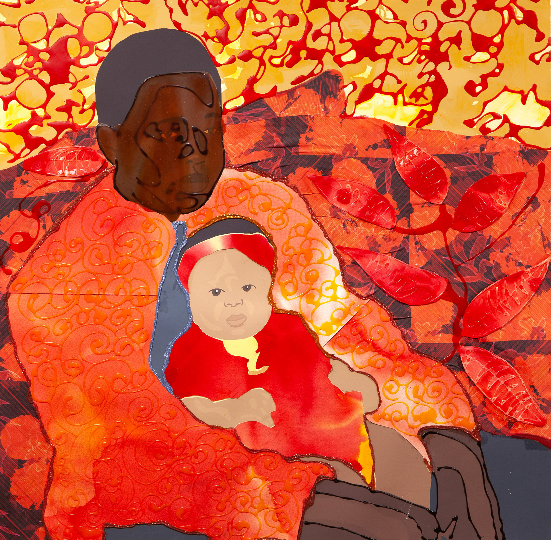 Enveloped by the Sun #4 (Moise and Kianna)     Acrylic, Collage and Glitter on Printed Paper    43" x 44" 		    2021    Photographed by Phillip Karp 