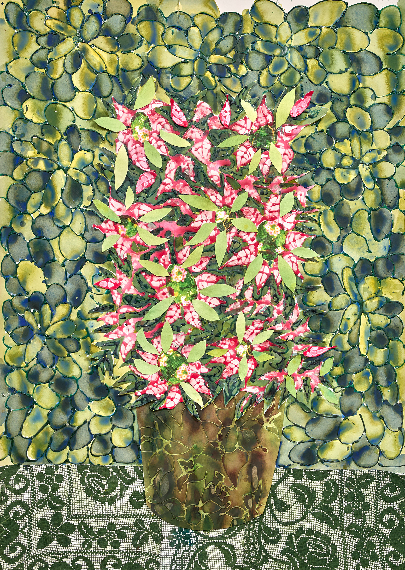 "Blooming Flowers 1", 44.5 in x 59 in, Ink, Collage and Archival Glue on Watercolor Paper, 2025 