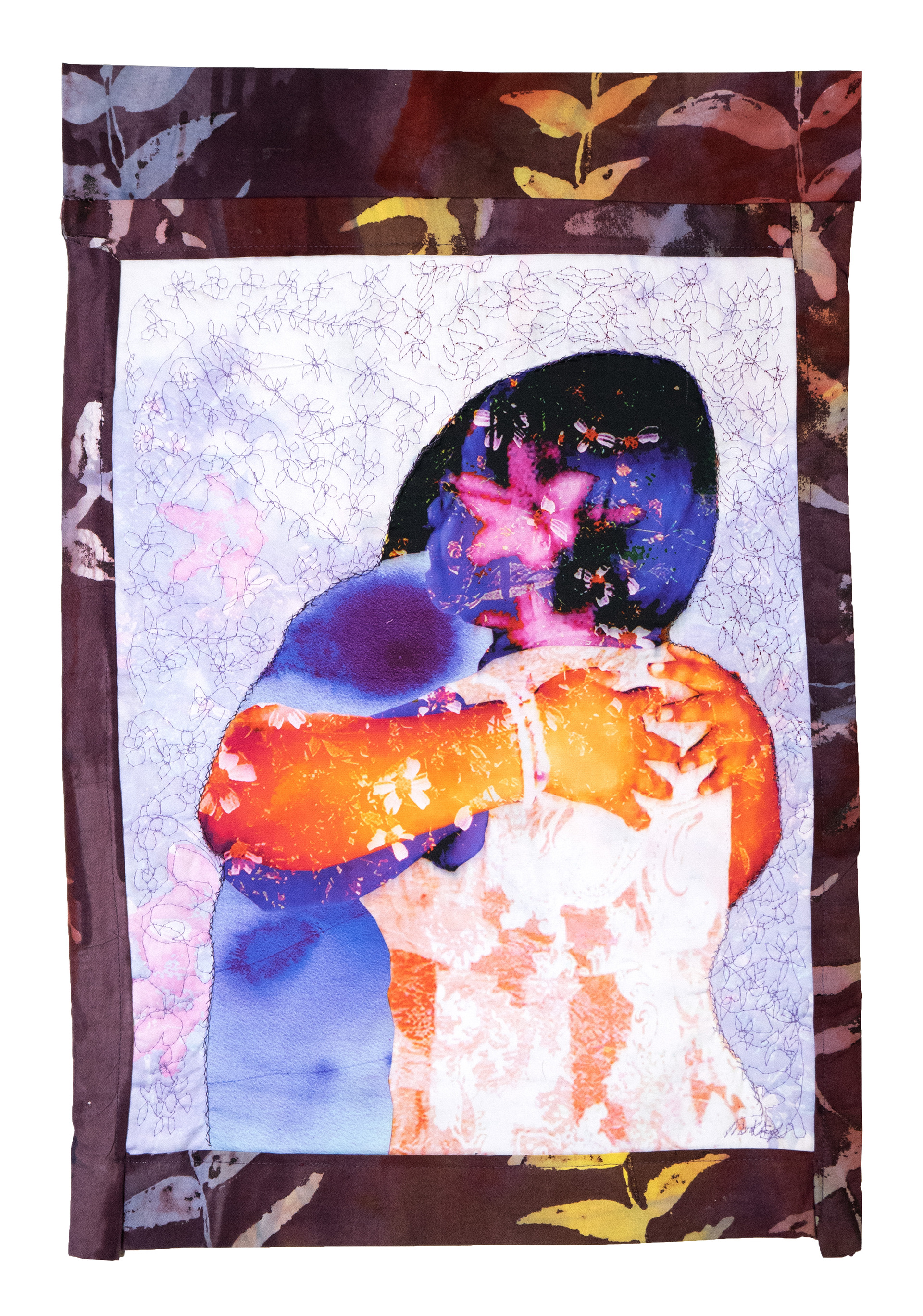 Hug #4: Its Gonna Be Alright, Quilting, Fabric Dying, Hand Sewing, and Digital Manipulation, 17” x 26”, 2026