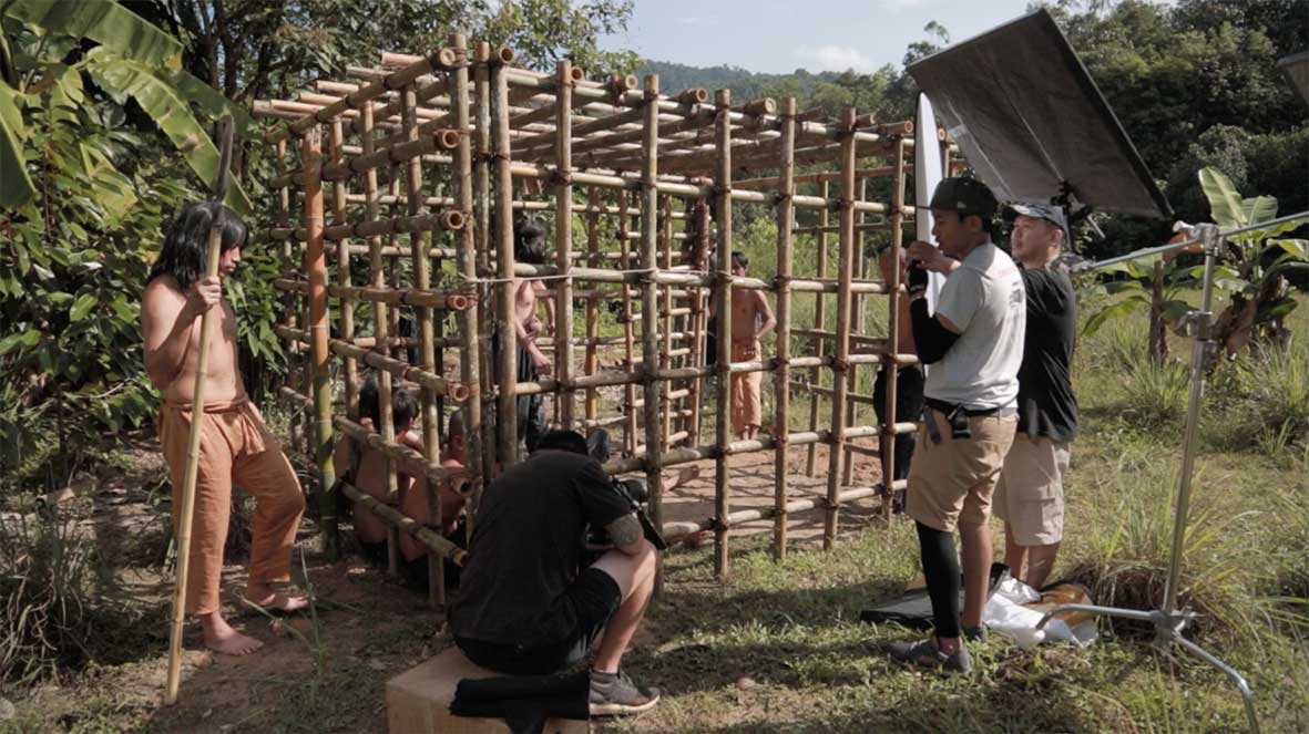 Jordan Chiam (Director of Photography) composing a shot for a pirate's lair scene.