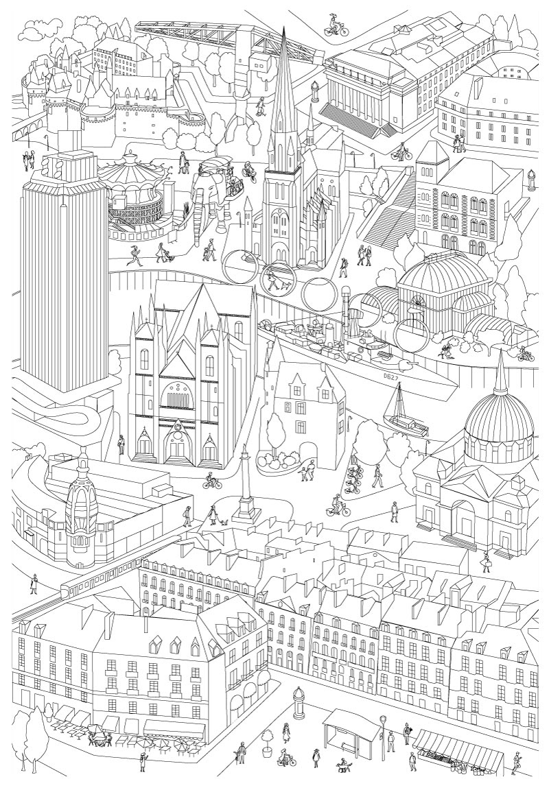 Création d’un coloriage géant pour JCDecaux, illustrant la ville de Nantes. Ce projet ludique et interactif a été pensé pour inviter petits et grands à découvrir les détails de l’univers urbain tout en s’amusant. Une illustration minutieuse, réalisée avec soin, mettant en valeur des scènes du quotidien et des éléments architecturaux emblématiques.