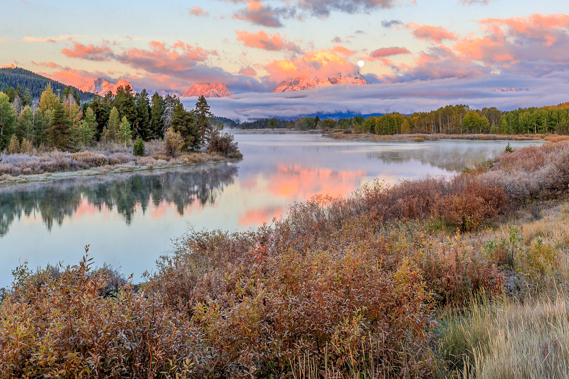 Sunrise, Moon Set, Oxbow Bend, Grand Teton NP