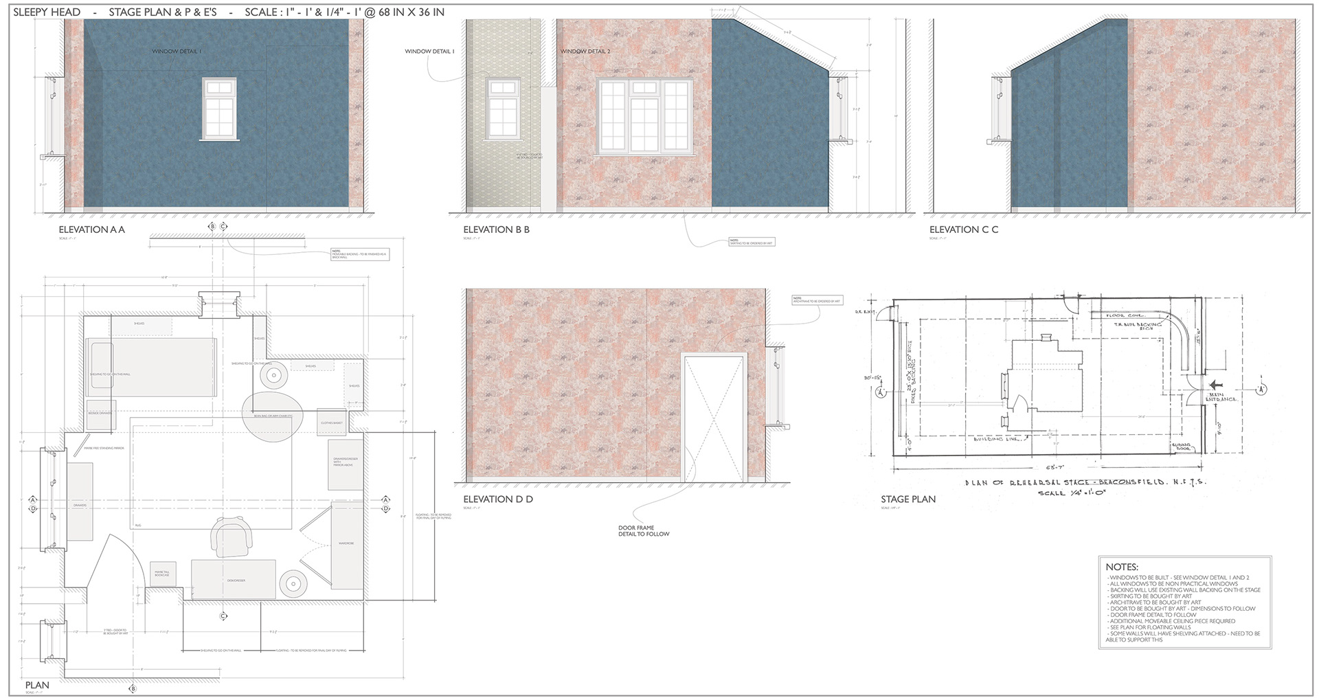 Plans and Elevations with dressing plan and wallpaper details
