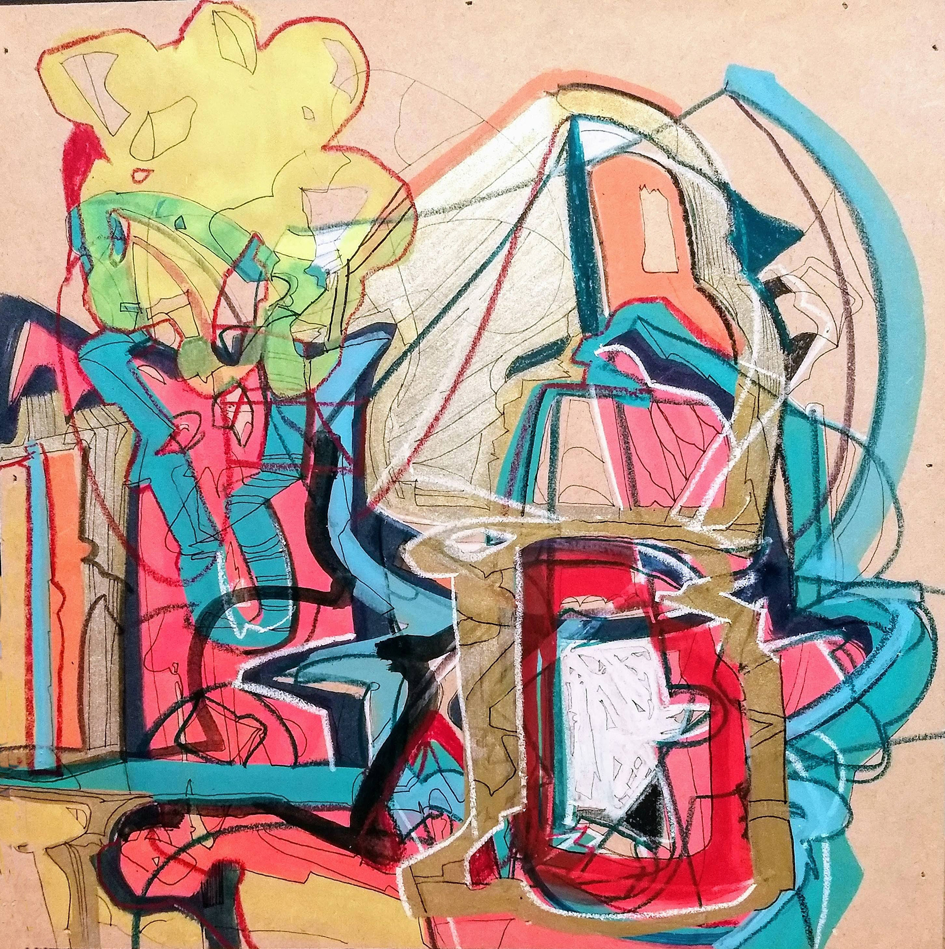 In Fighting, Acrylic, Marker and Grease Pencil on Panel, 12" x 12" 2020