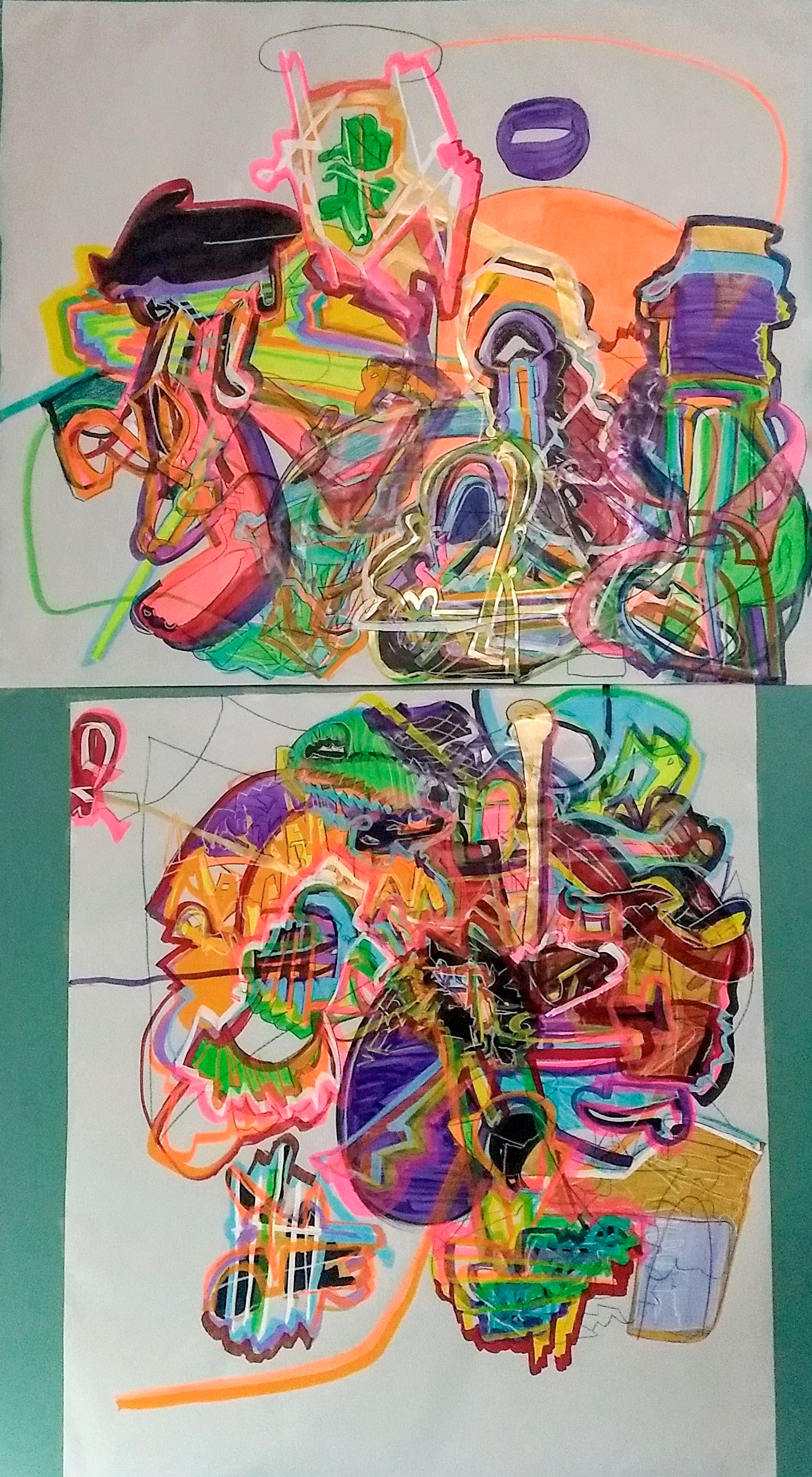 To That We Leap (Portal) Diptych, Acrylic, Marker and Grease Pencil on Vellum, approx. 77" x 43" 2021