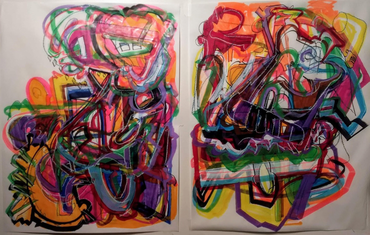 Double Anything, Diptych, Acrylic, Marker and Grease Pencil on Vellum, 22" x 34" 2021