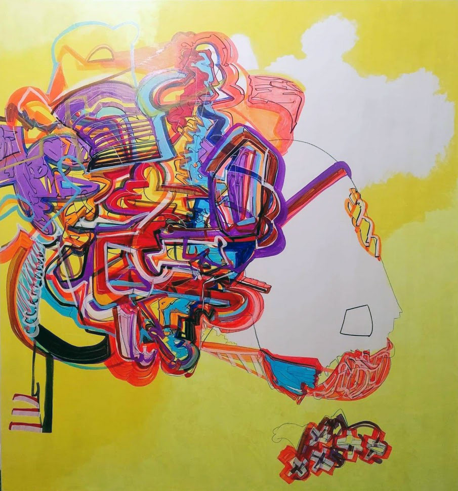 White Shadow Scrutinized, Acrylic, Marker, Grease Pencil and Colored Pencil on Panel, 48" x 45" 2021