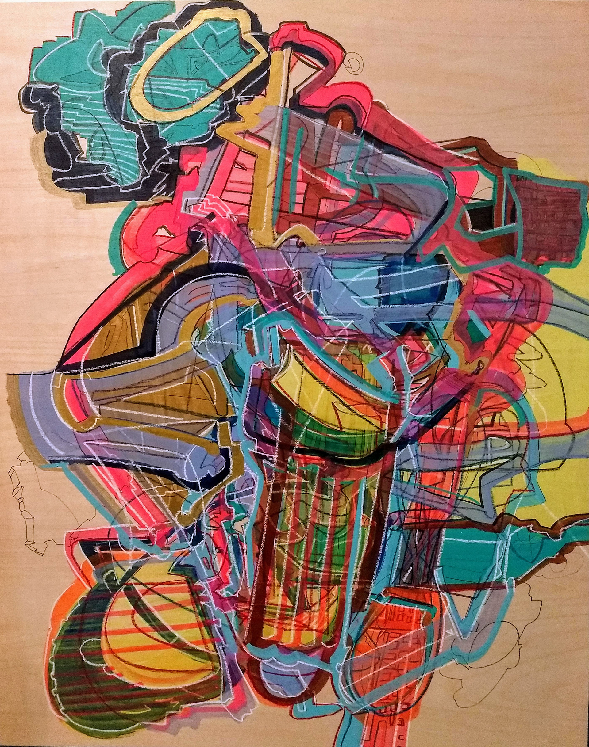 In Trouble Again with the Nobodies, Acrylic, Marker and Grease Pencil on Panel, 30" x 24" 2020