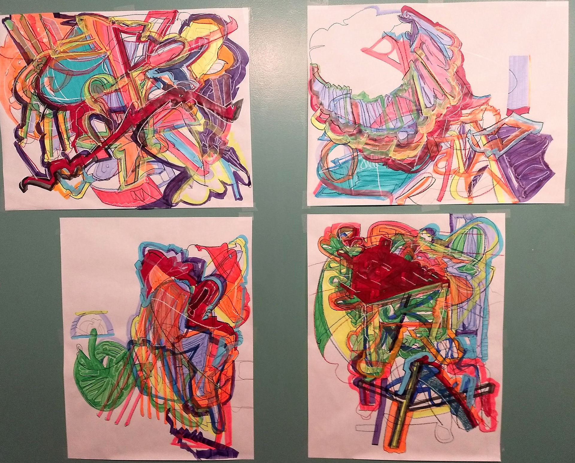 All the While Sweetly, Four Backs Are Turned Quartet, Acrylic, Marker and Grease Pencil on Vellum, approx. 49" x 40" 2020-2021