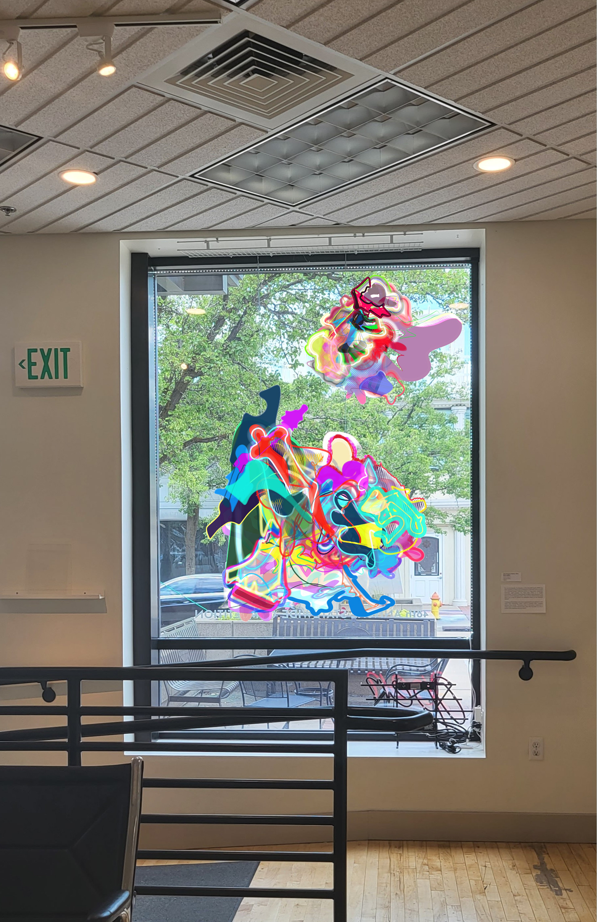 top right of window Not Late to Anything (Sound the Trumpet), lower left Balanced Straddle, both Digital Drawing, Sketchbook App, Output on Clear Face Adhesive, 2023