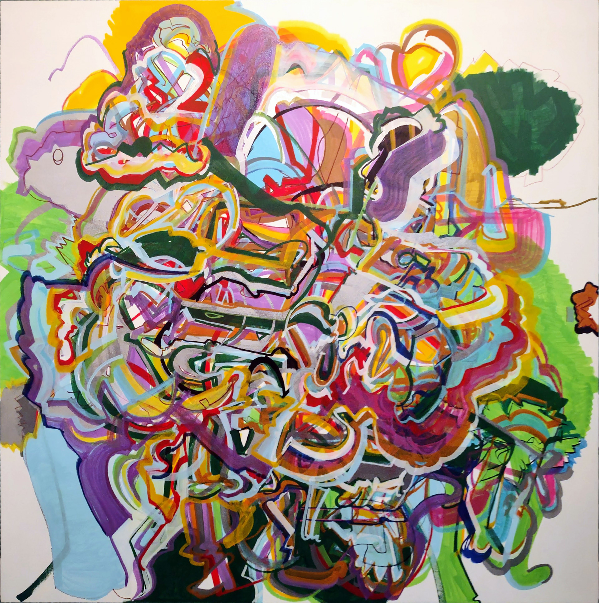 Untitled (Bowing Figure), Part I of IV from Desires for Complication, Acrylic, Marker and Grease Pencil on Panel, 48" x 48" 2022
