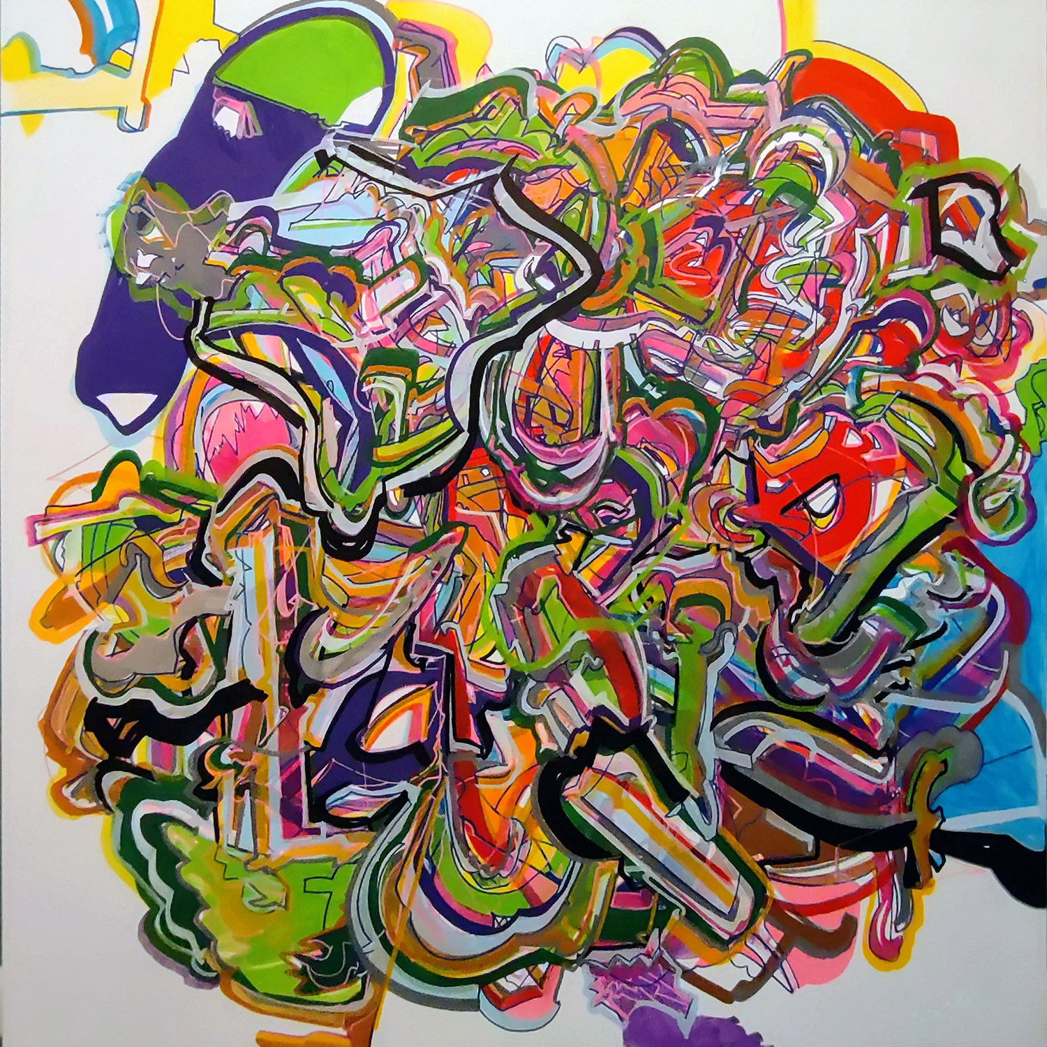 Sincere Pumpjack (Abandoned Well), Part II of IV, Desires for Complication, Acrylic, Marker and Grease Pencil on Panel, 48" x 48" 2022