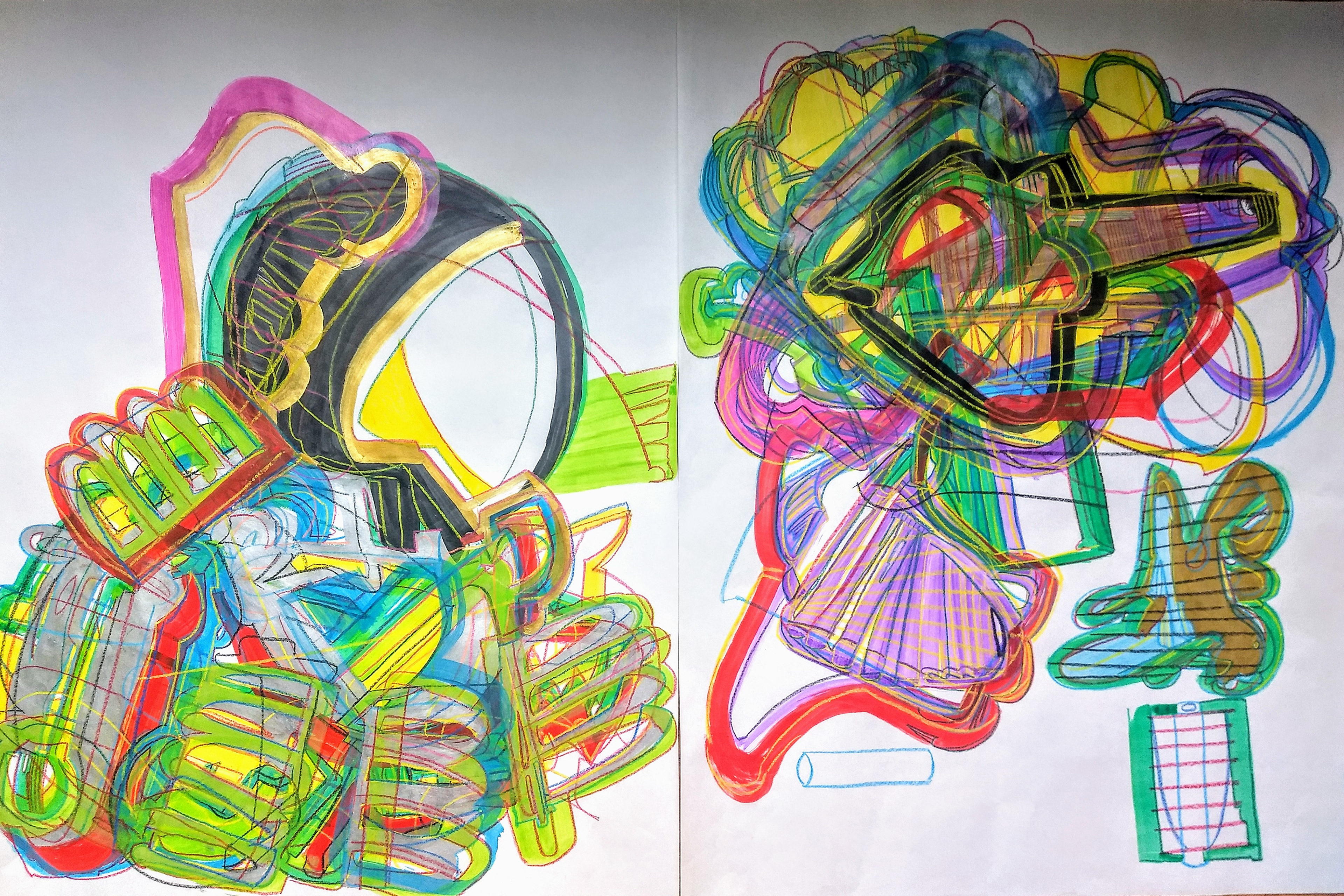 Our Heroine, Acrylic and China Marker on Vellum, Diptych 34" x 22" 2019