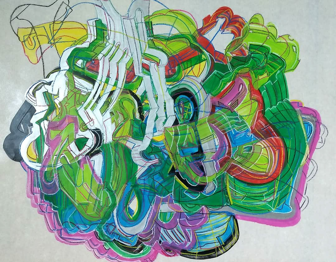 Aqueduct (Timing), Acrylic and China Marker on Stencil Paper, 18" x 24" 2018