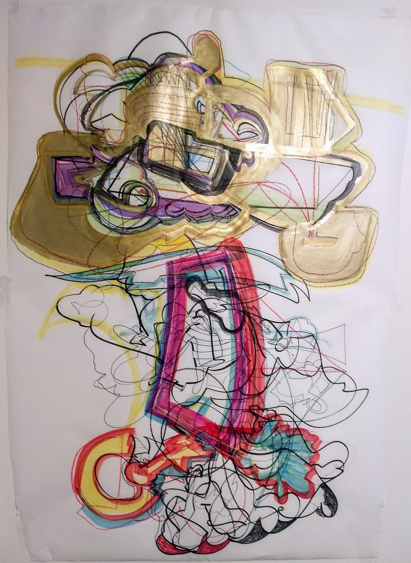 Vac, Acrylic, Marker and Grease Pencil on Vellum, approx. 37" x 26" 2019