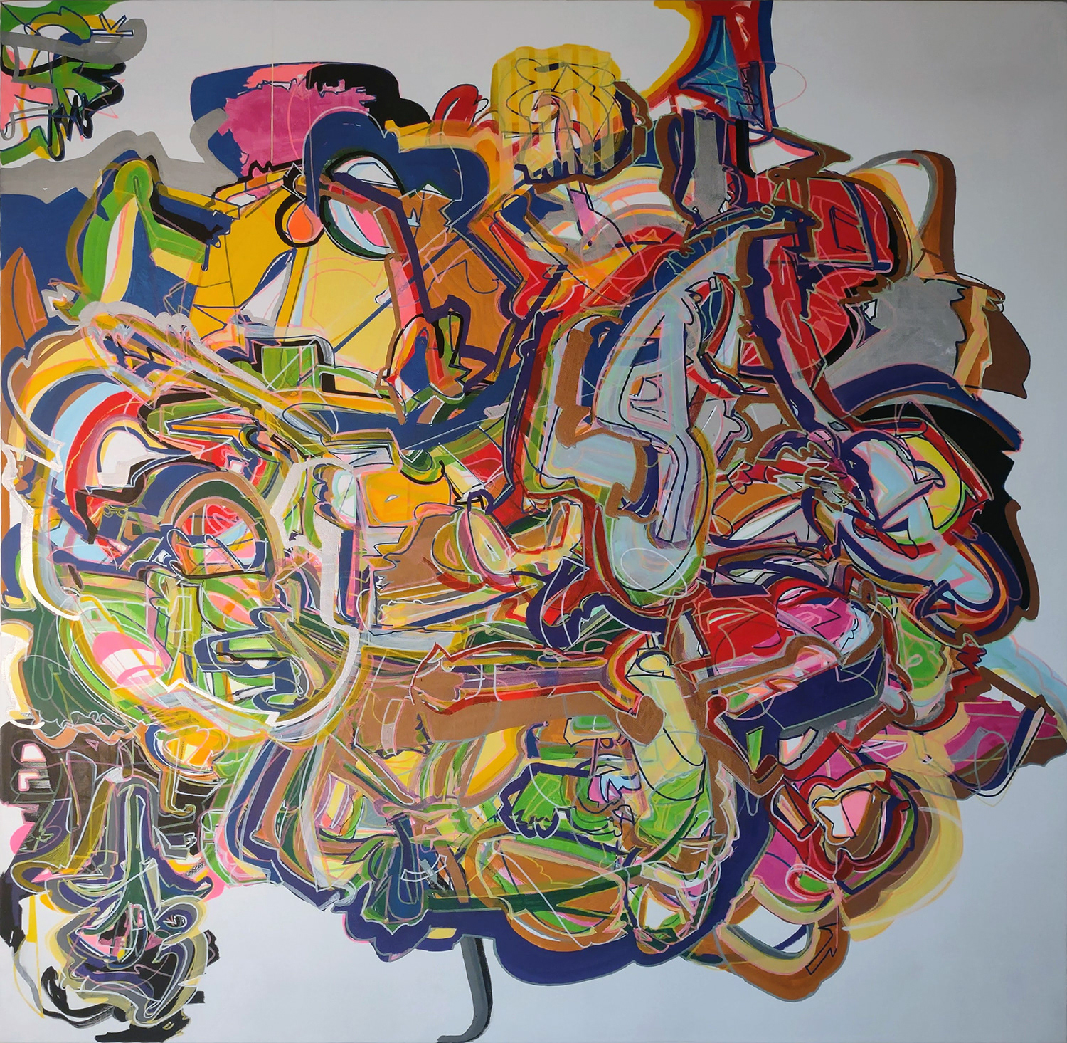 One Punch (For You), Part III of IV, Desires for Complication, Acrylic, Marker and Grease Pencil on Panel, 48" x 48" 2022