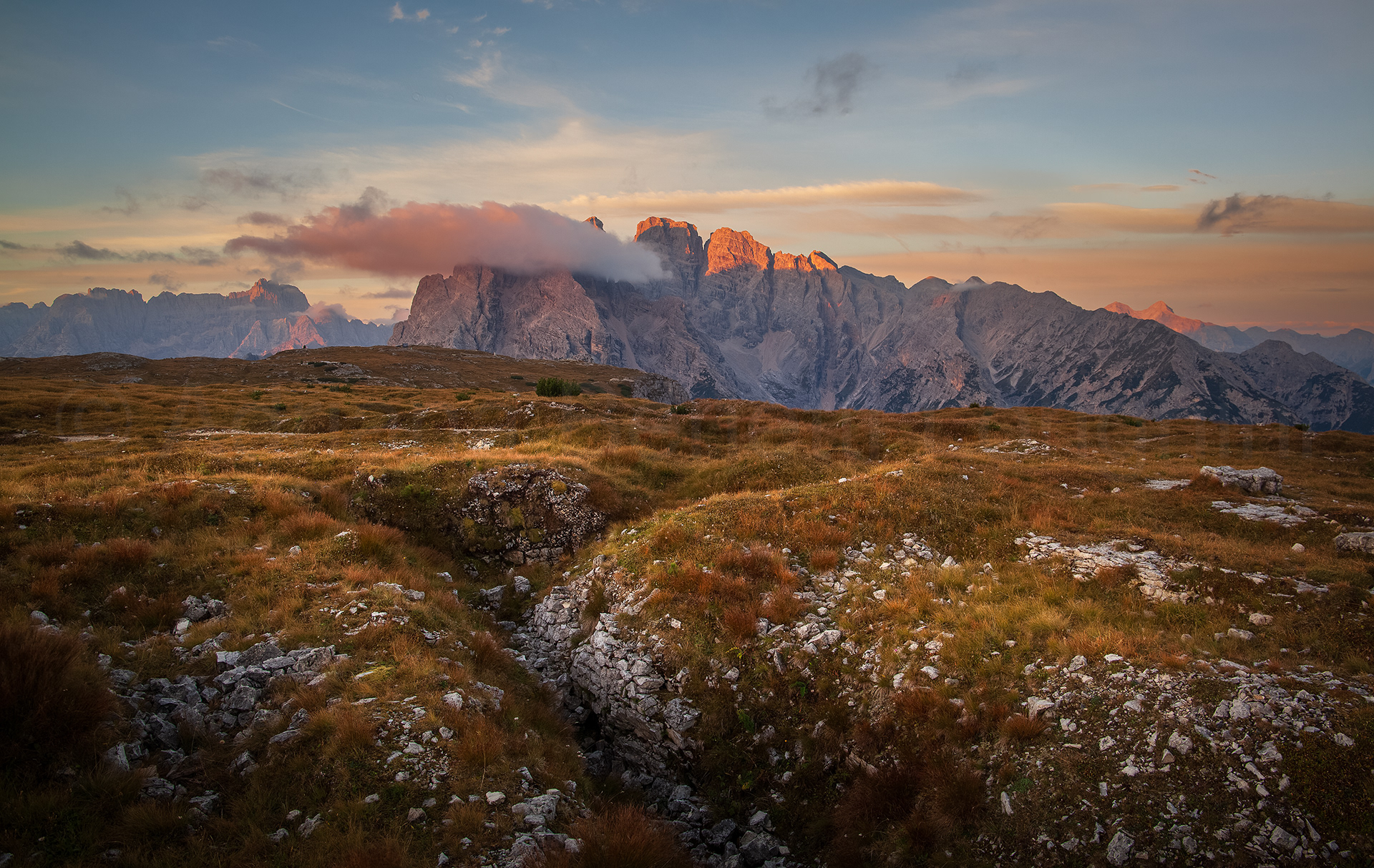 War trenches with Monte Cristallo in the background.