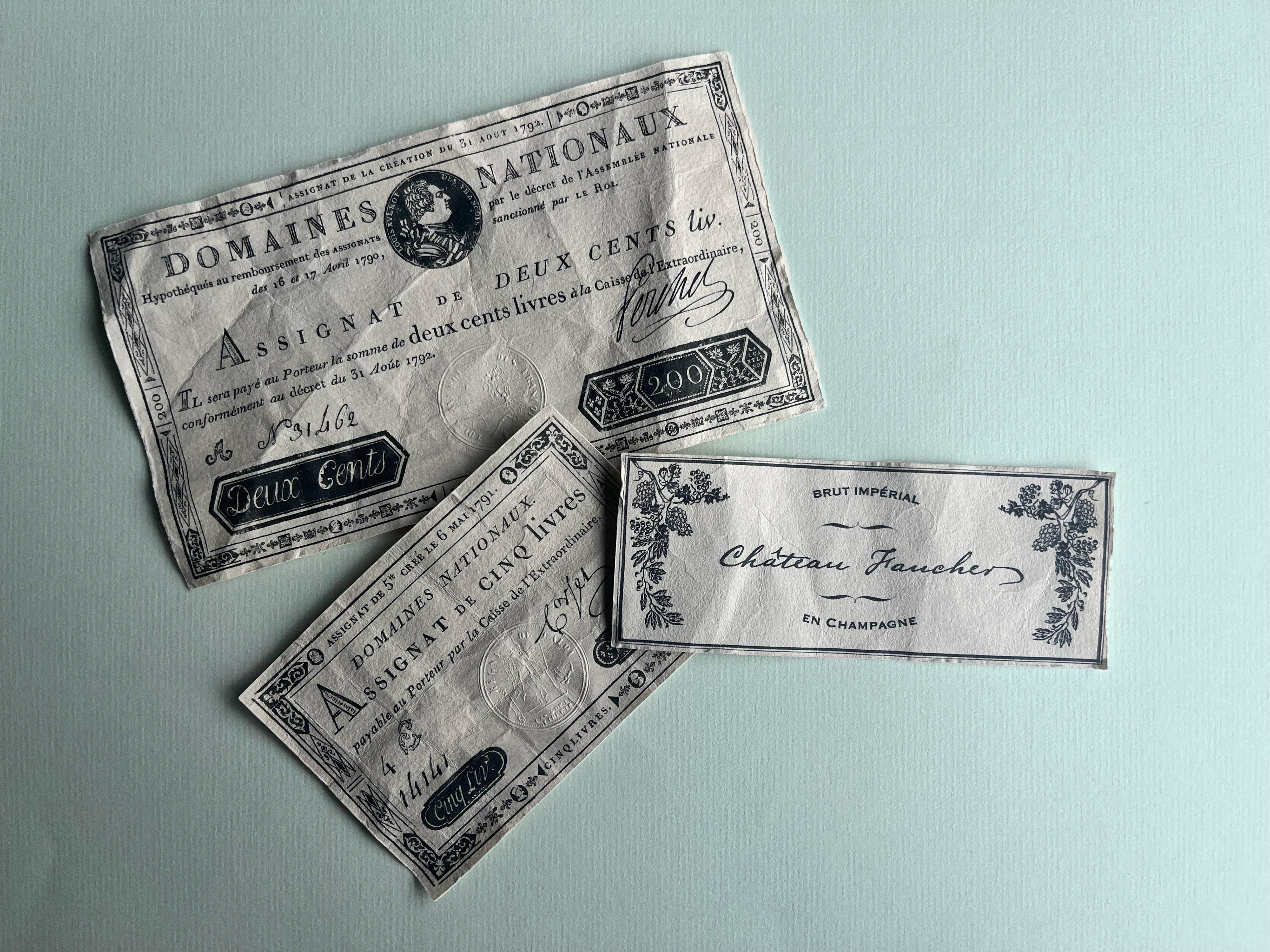 Assignats printed and aged from online archives