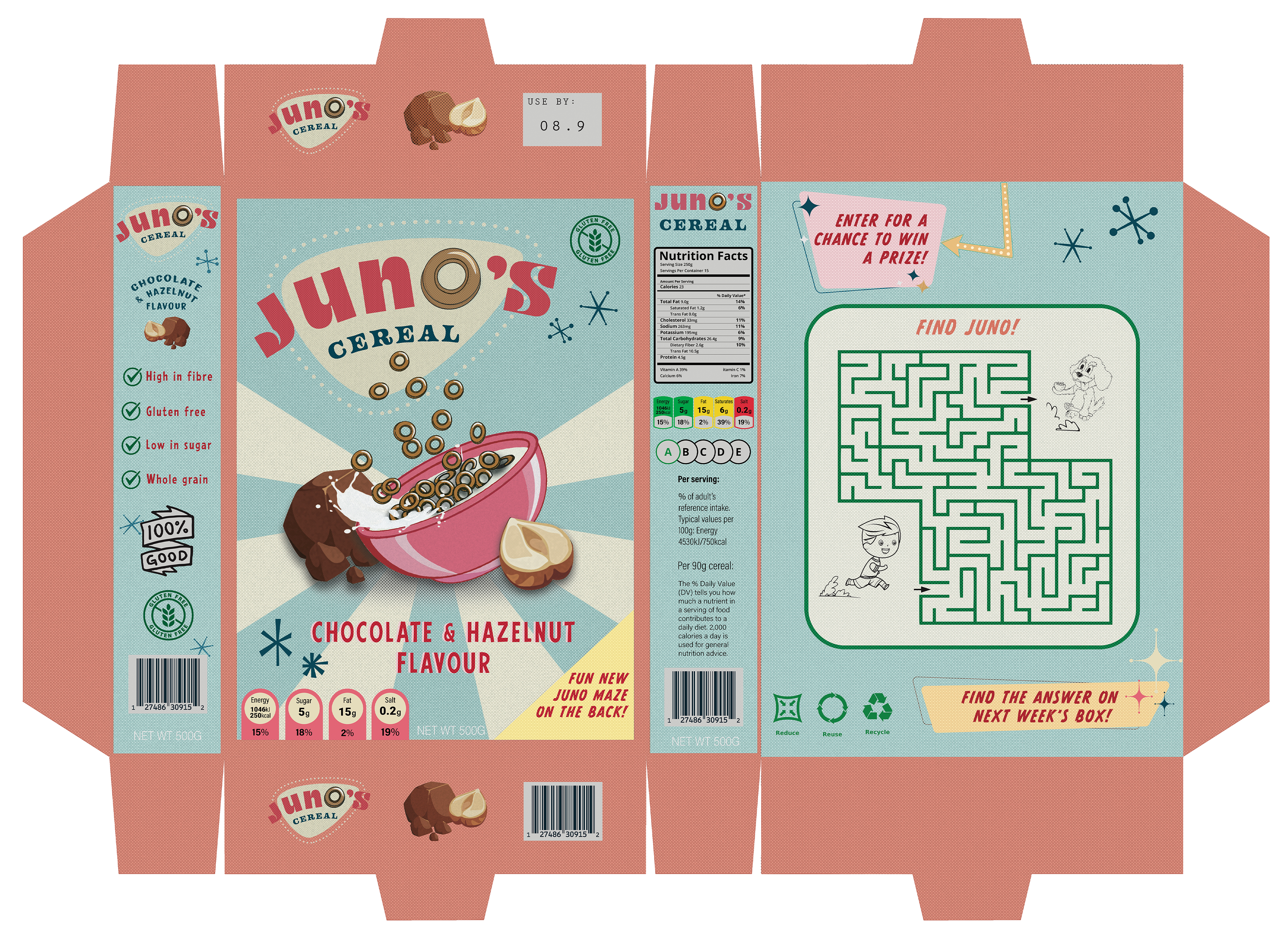 Cereal box design for the cereal box game they play in the last episode