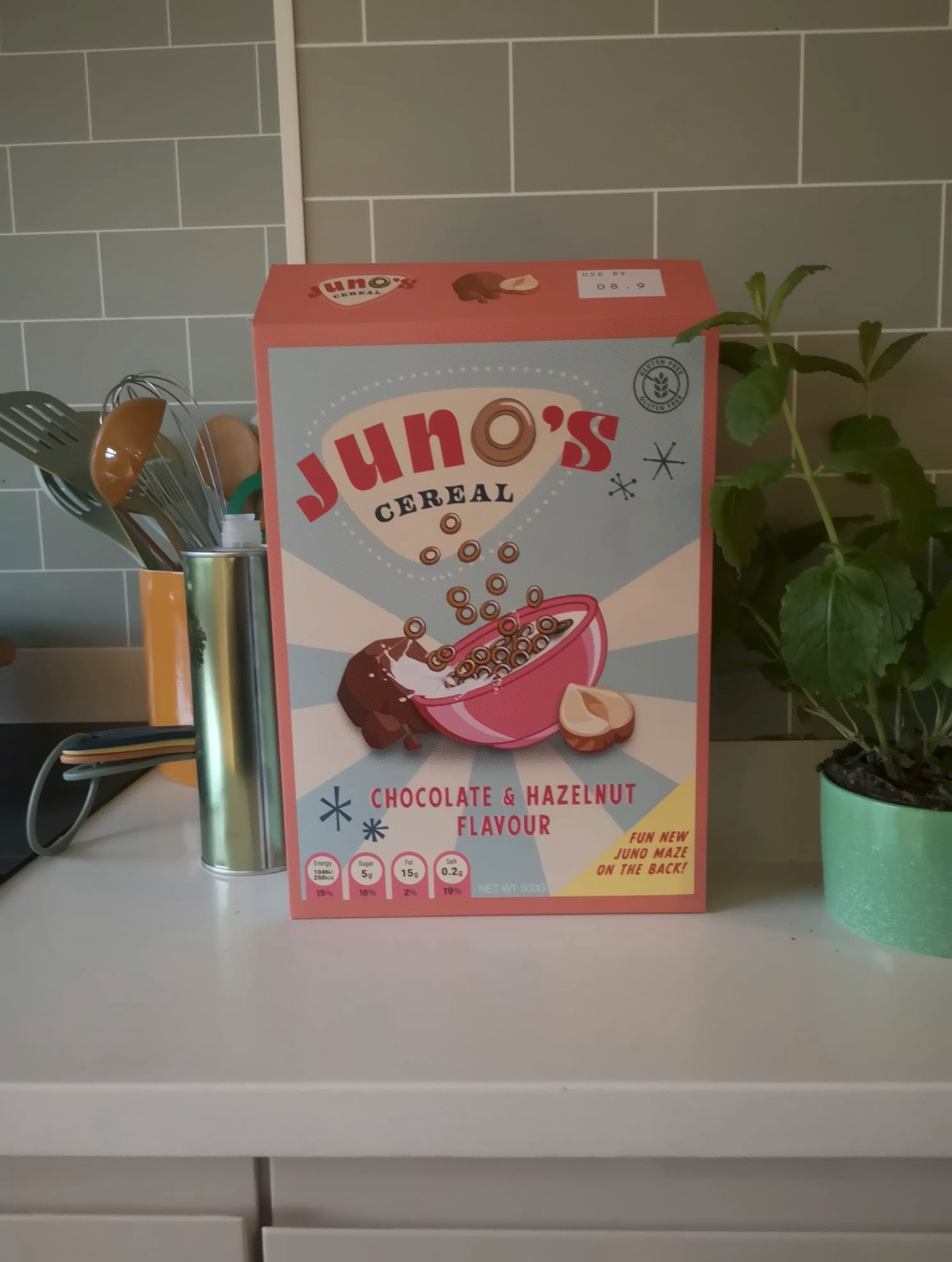 Cereal box design for the cereal box game they play in the last episode