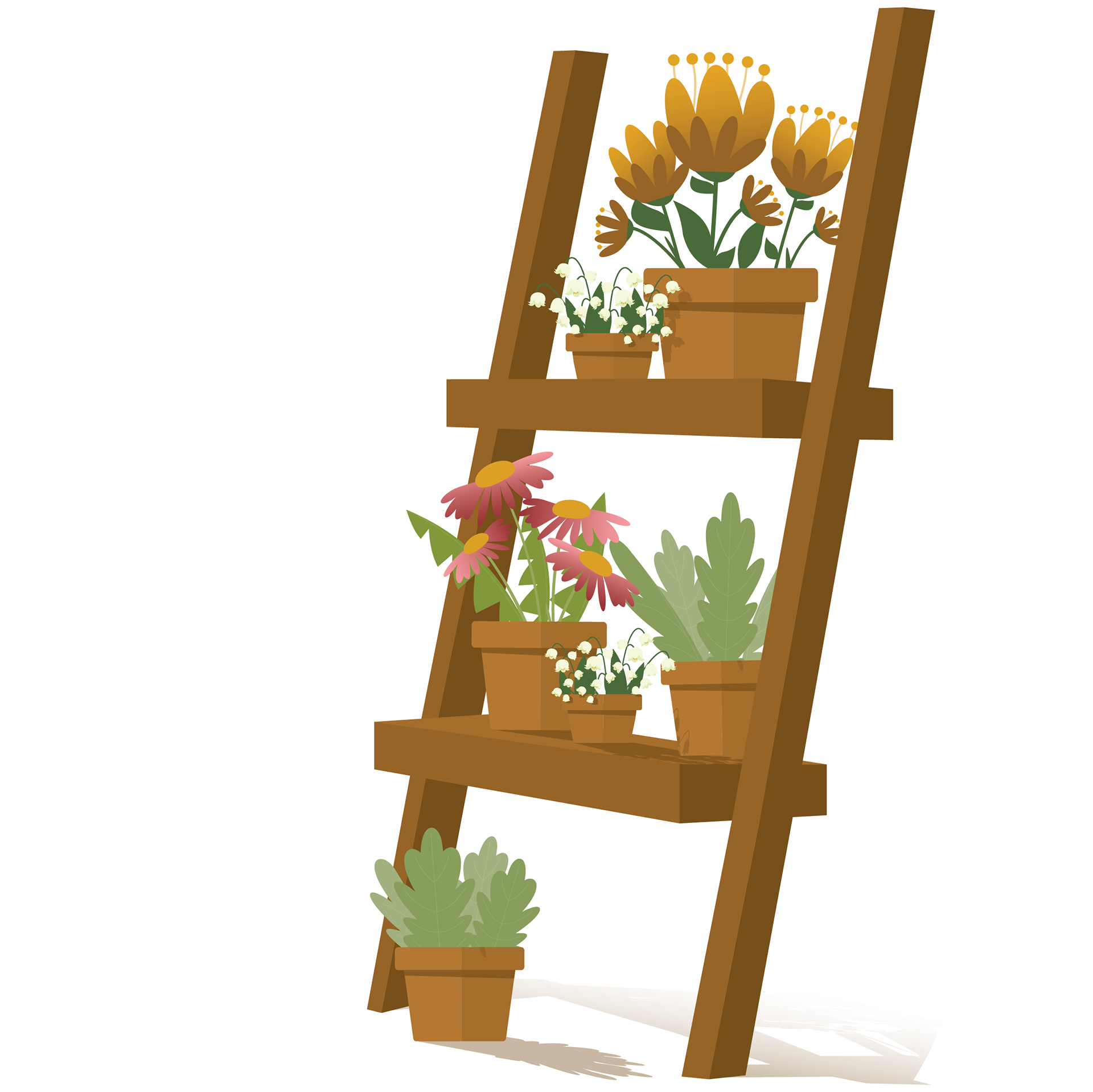 Flat illustration of a wooden plant ladder displaying multiple potted plants