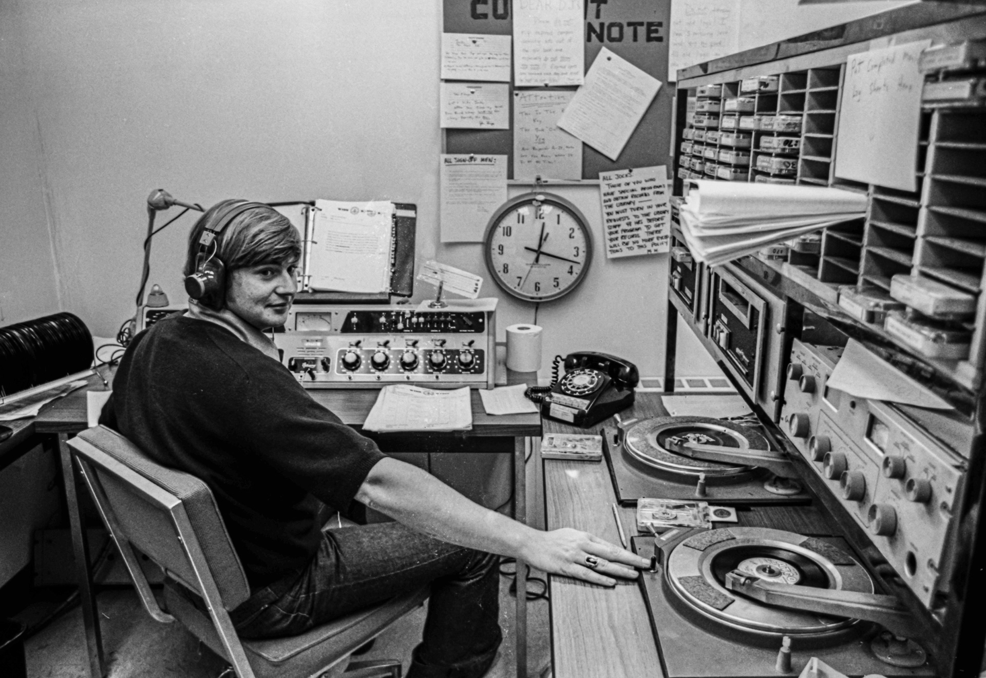 At the campus radio station, spinning 45s.