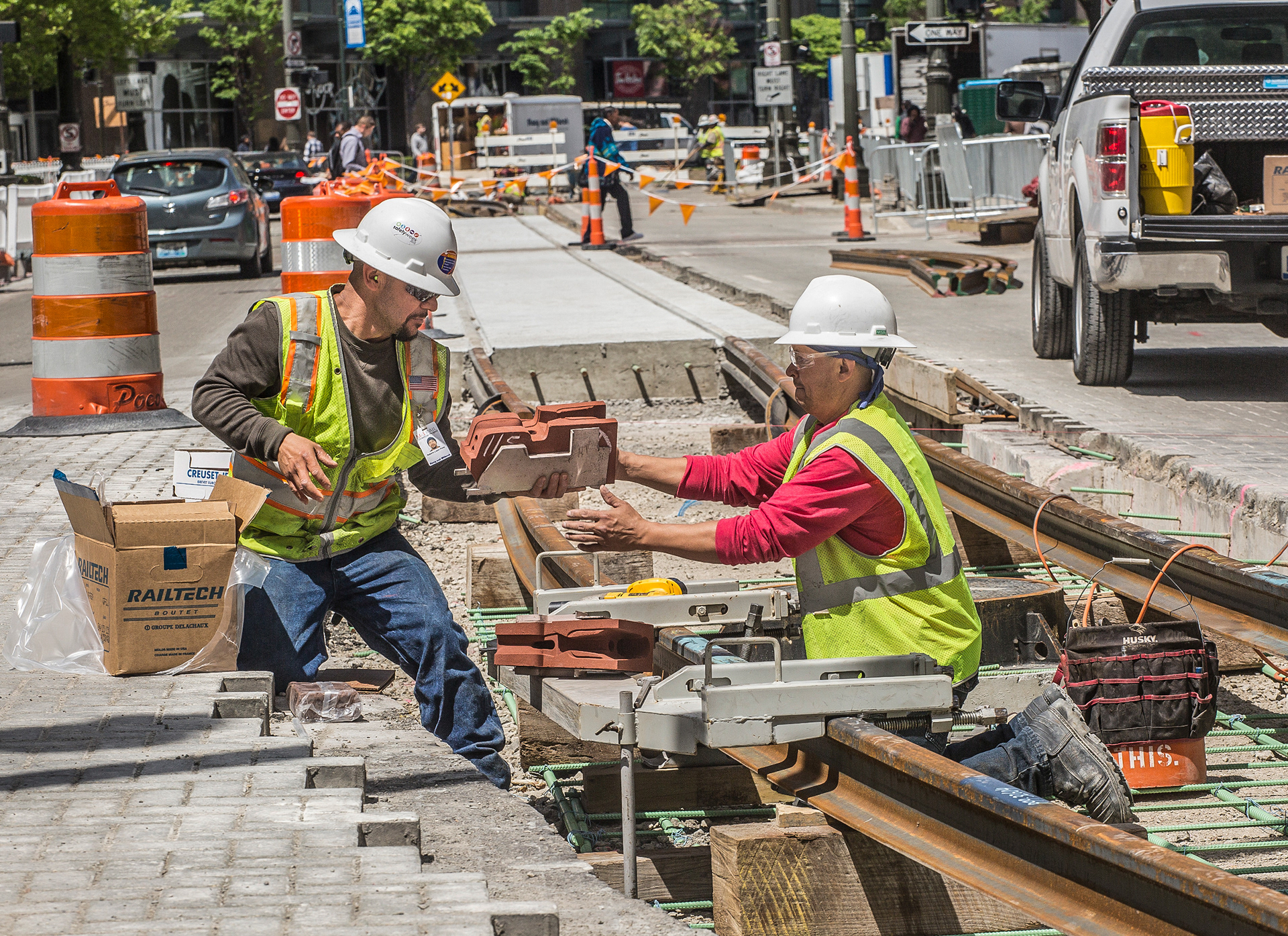 building the Q-Line tracks, Campus Martius, Detroit