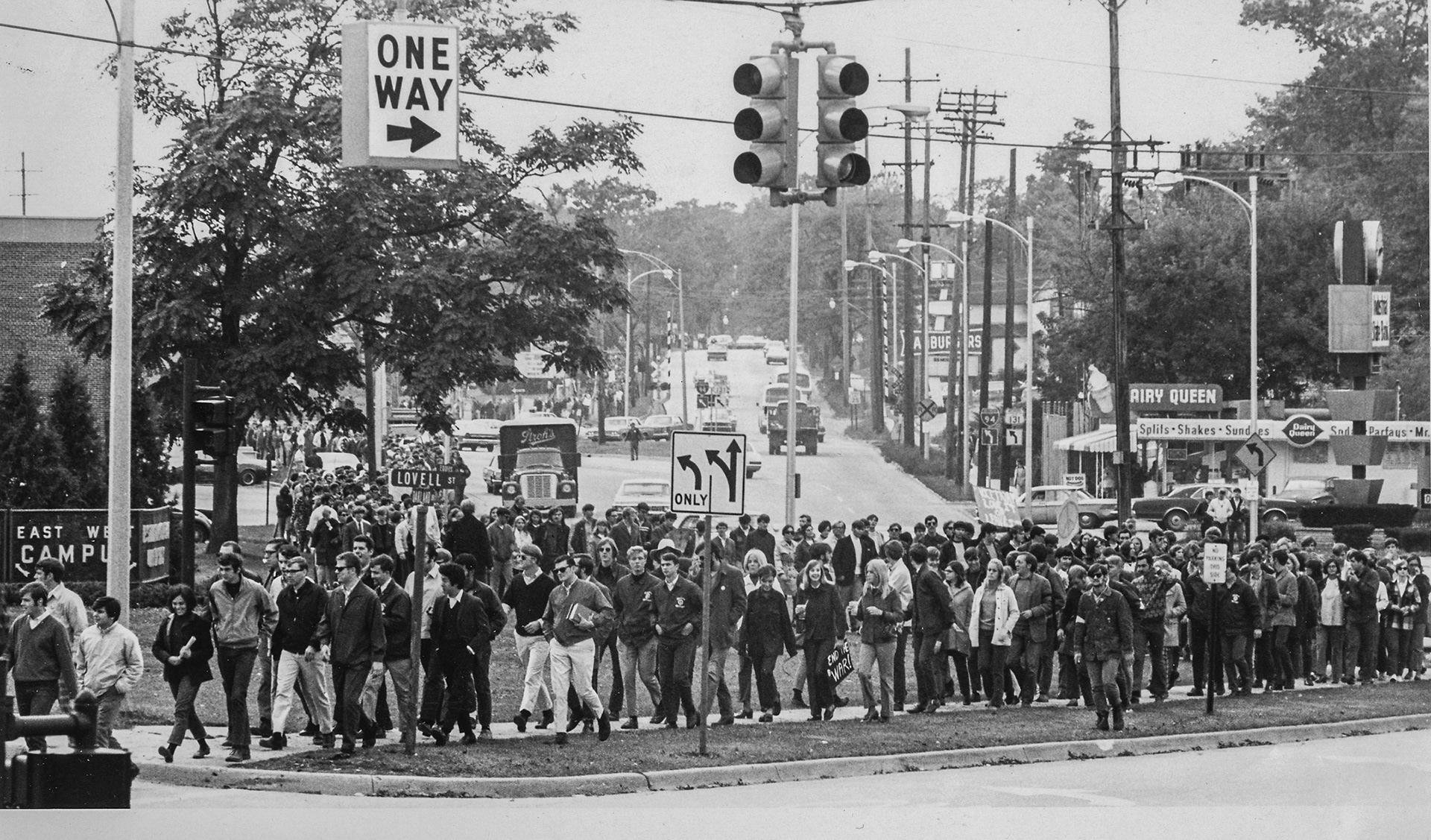 Marching from WMU campus to downtown Kalamazoo