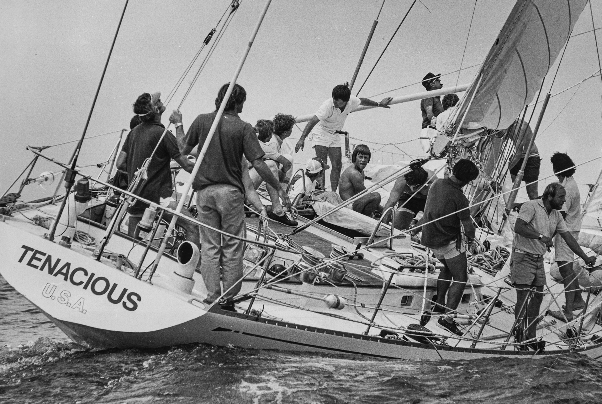 Ted Turner at the helm of Tenacious, Mackinac Race