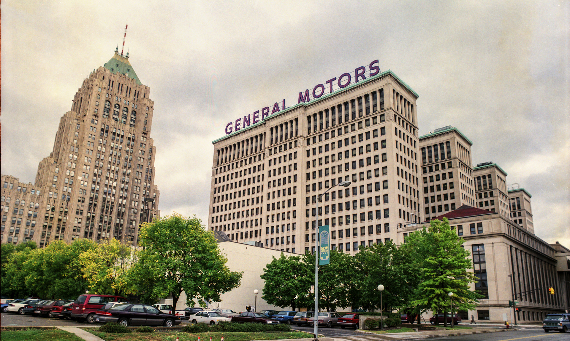 The Fisher Building (L) and the GM Building as it used to be