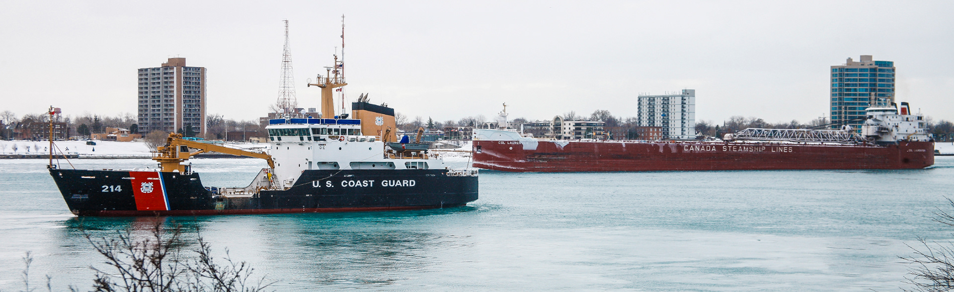 Wintertime traffic on the Detroit River at Huntington Place