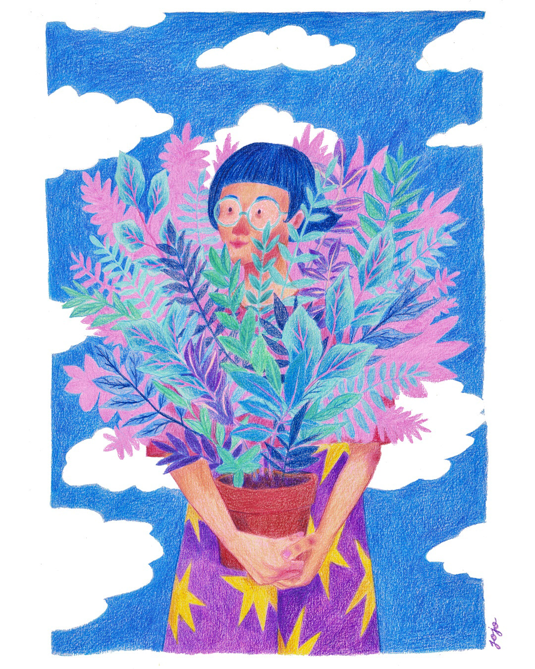 Dessin "bouquet" aux crayons de couleur