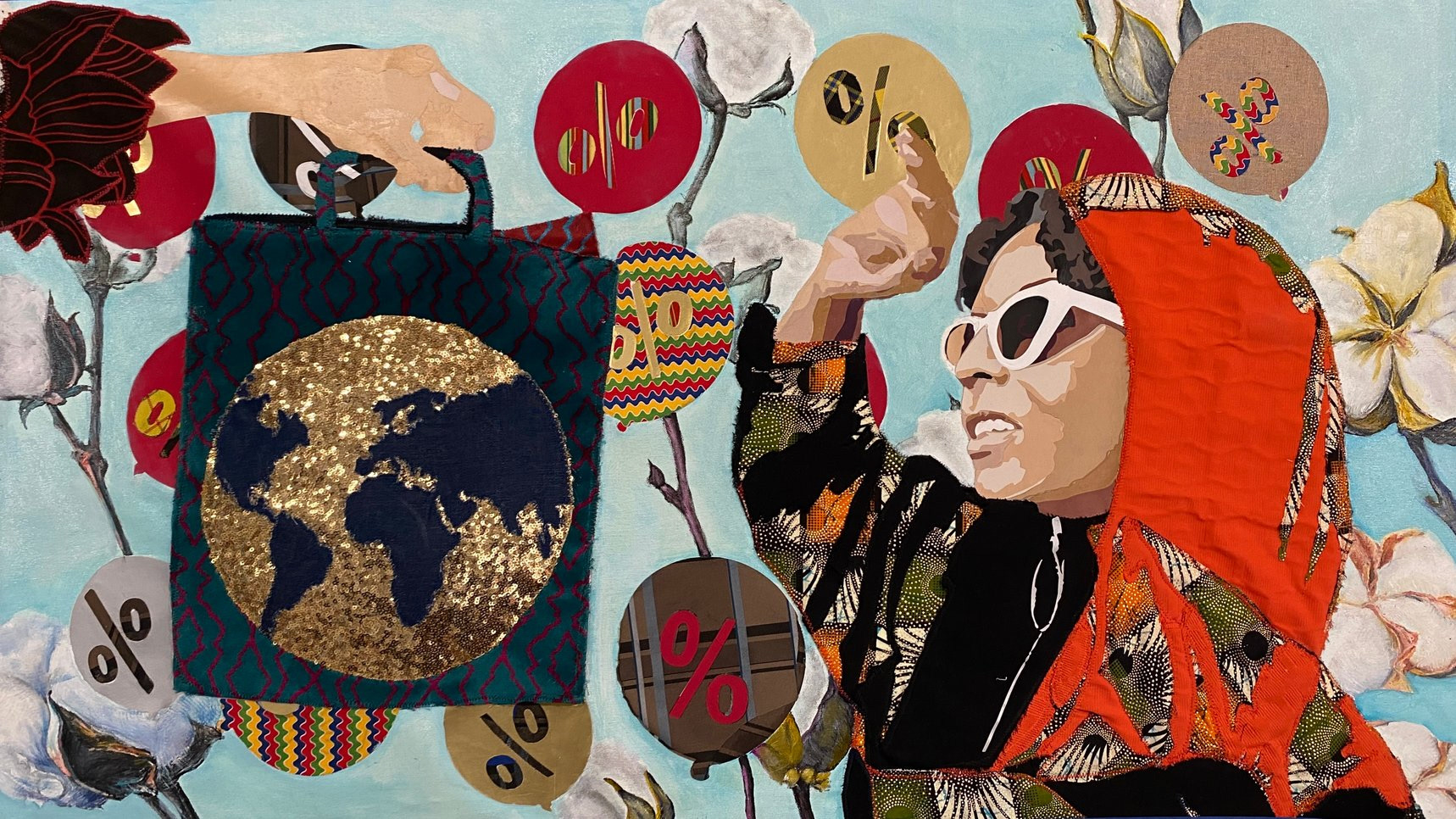 Caught On / Cotton mix medium textile, vinyl, canvas 36 x 24 inches
