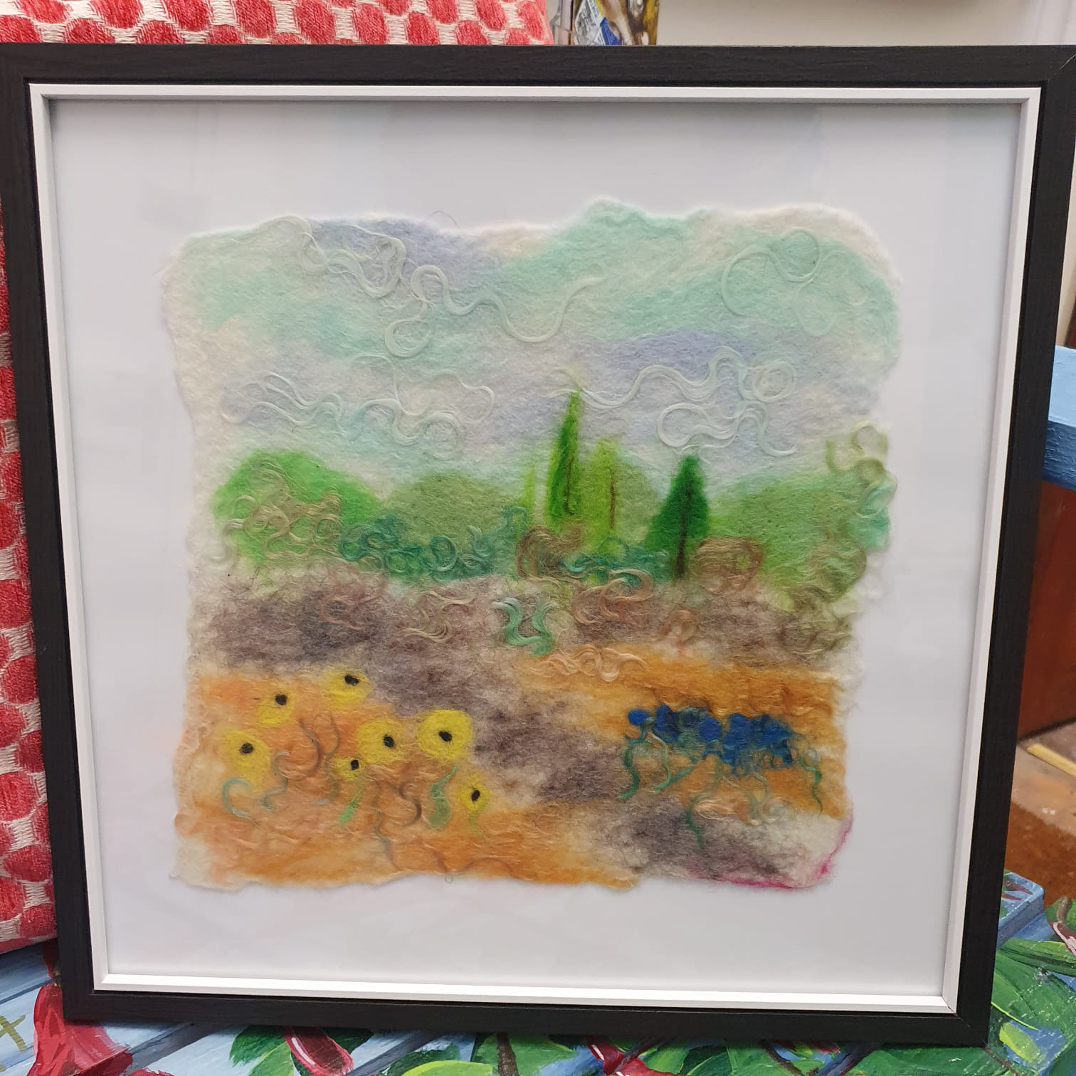 Fields of rudbeckia and cornflowers dancing in nature, abstract landscape felting art 13" x 13" framed - €60