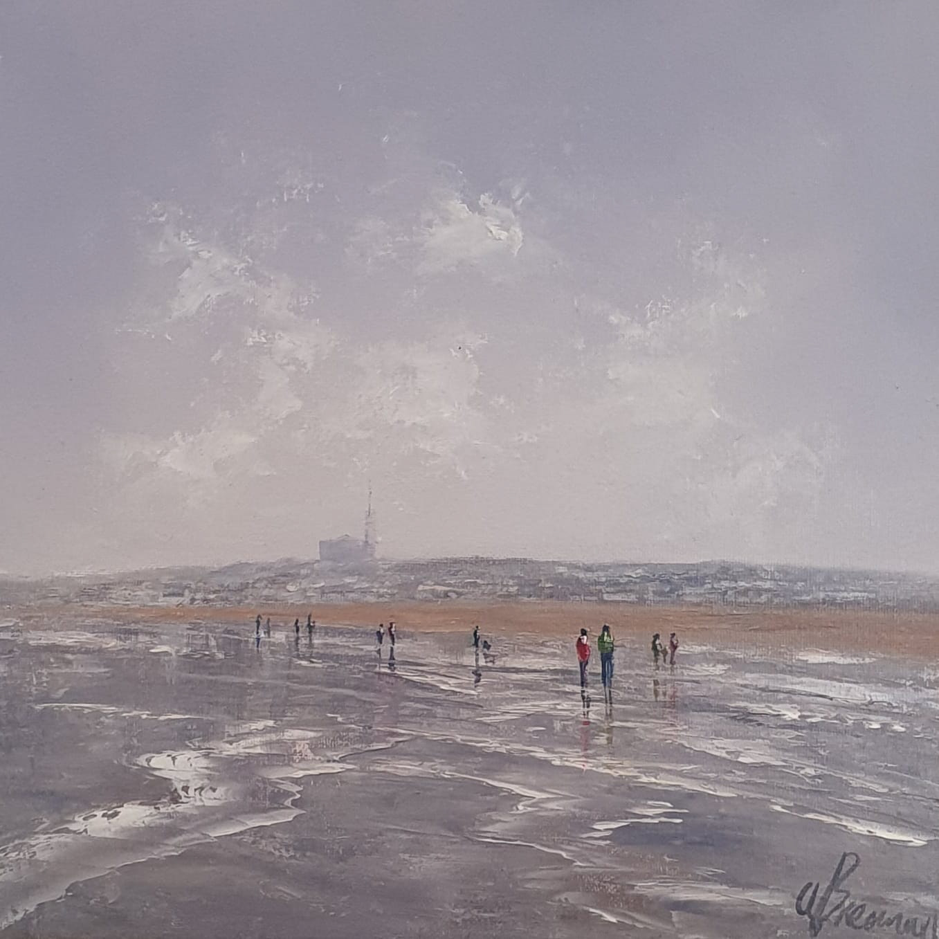 (Removed by artist 3/9/24) Morning stroll Tramore Strand, Canvas 12" x 12" , Framed 18" x 18" -€385