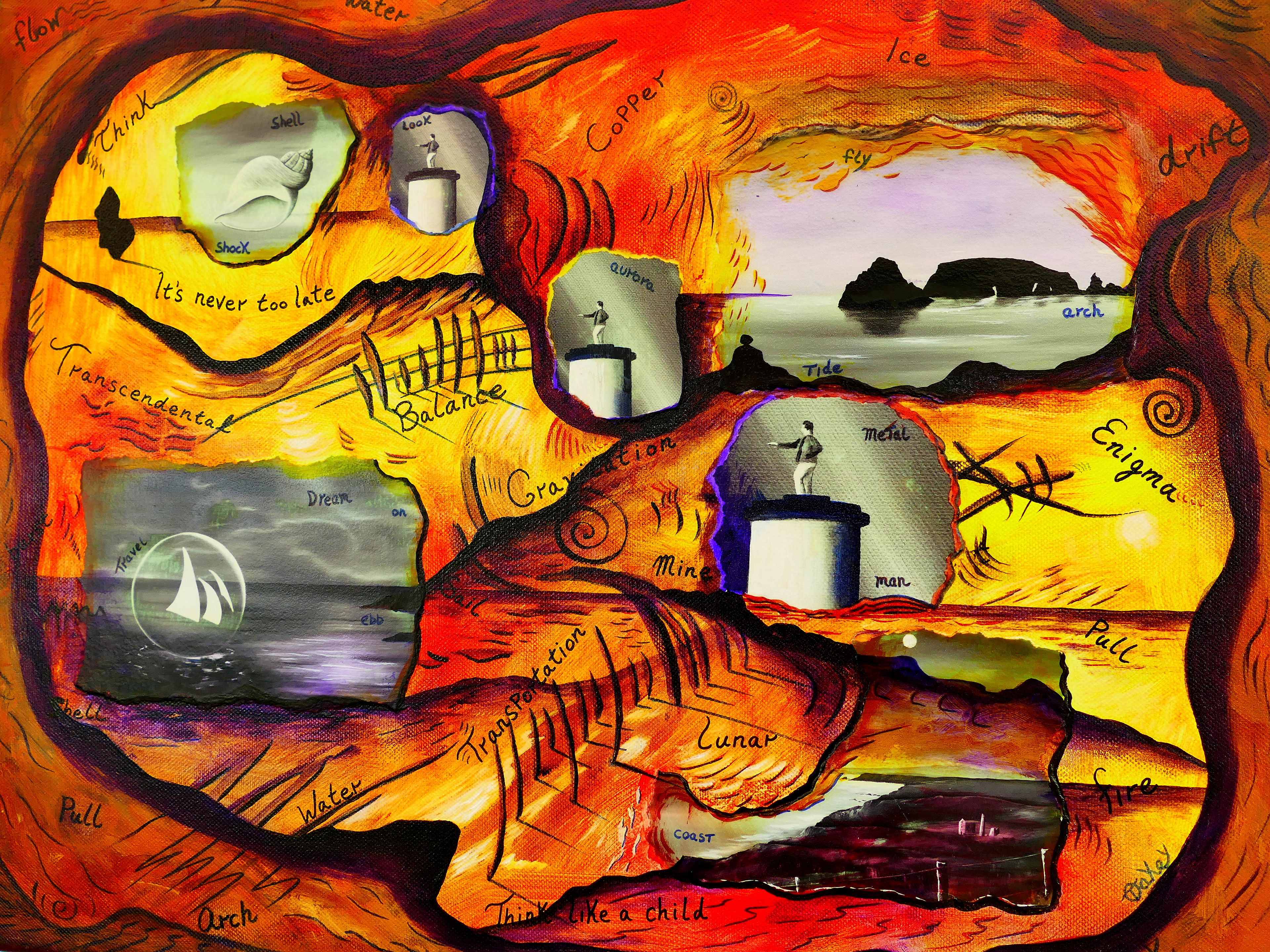 'The Enigma of the Copper Coast' mixed media collage, 40 cm x 50 cm canvas, framed.