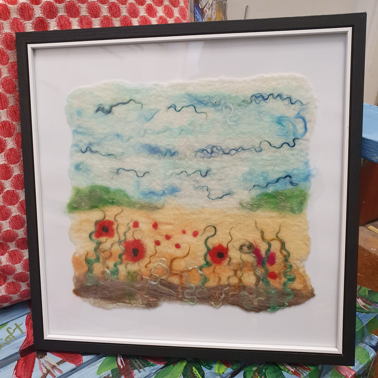 Fields of poppies dancing in nature - abstract landscape felting art 13" x 13" framed - €60