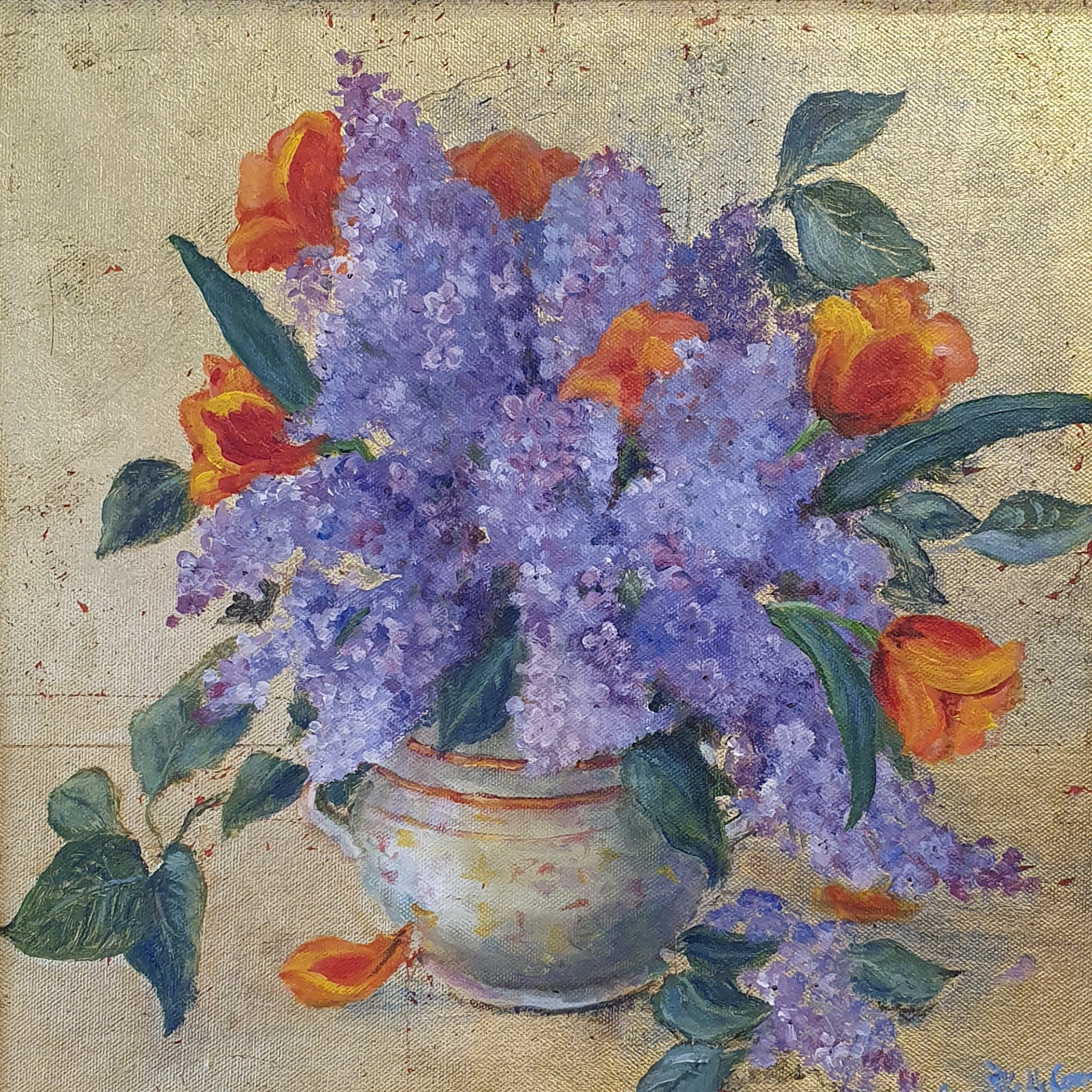 Lilac, still life on gold leaf 20.5" x 20.5", €350 (gold frame)