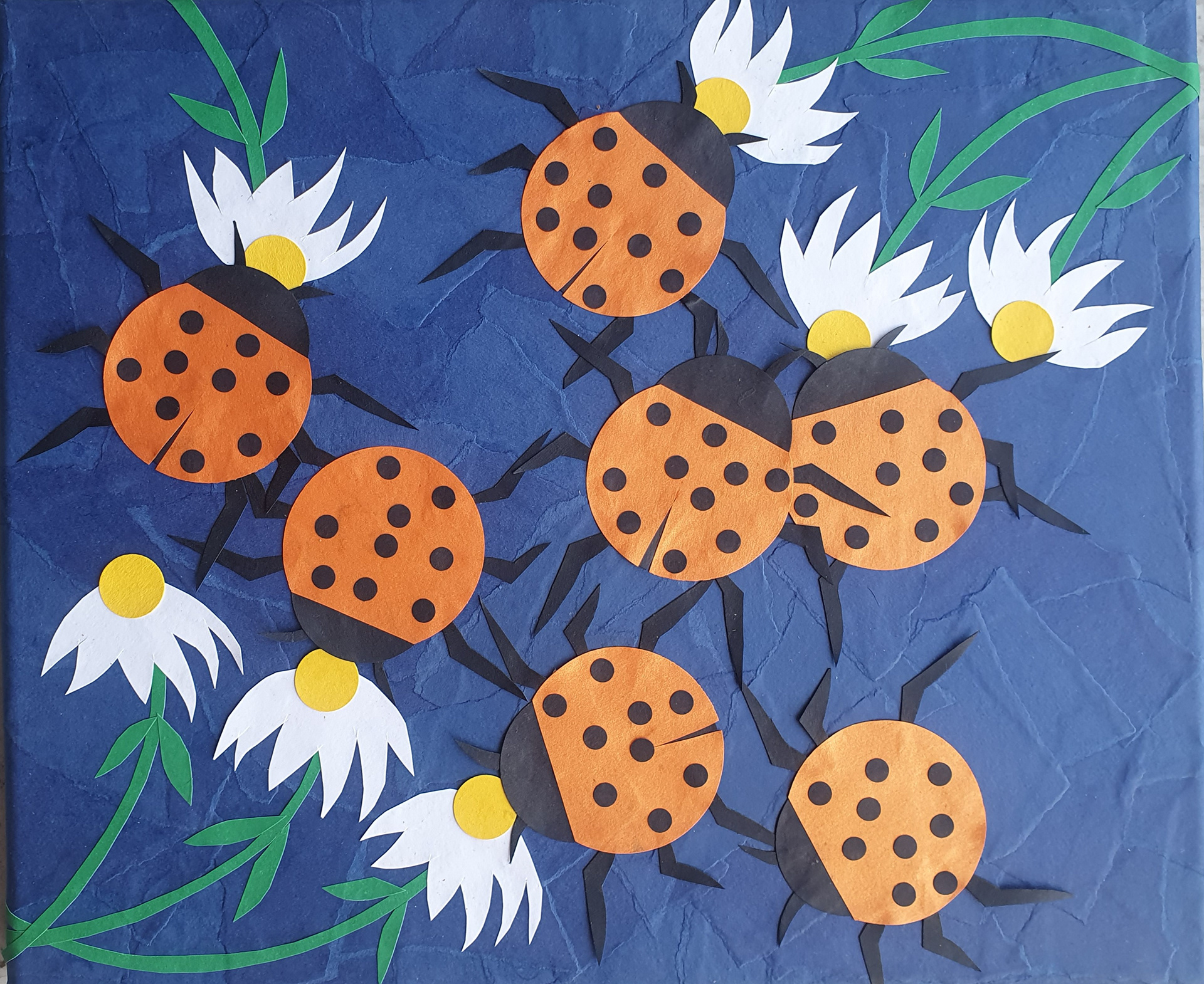 Ladybirds on Blue - 10 x 12 inches plastic wrap without frame €35 or with plain black frame €70