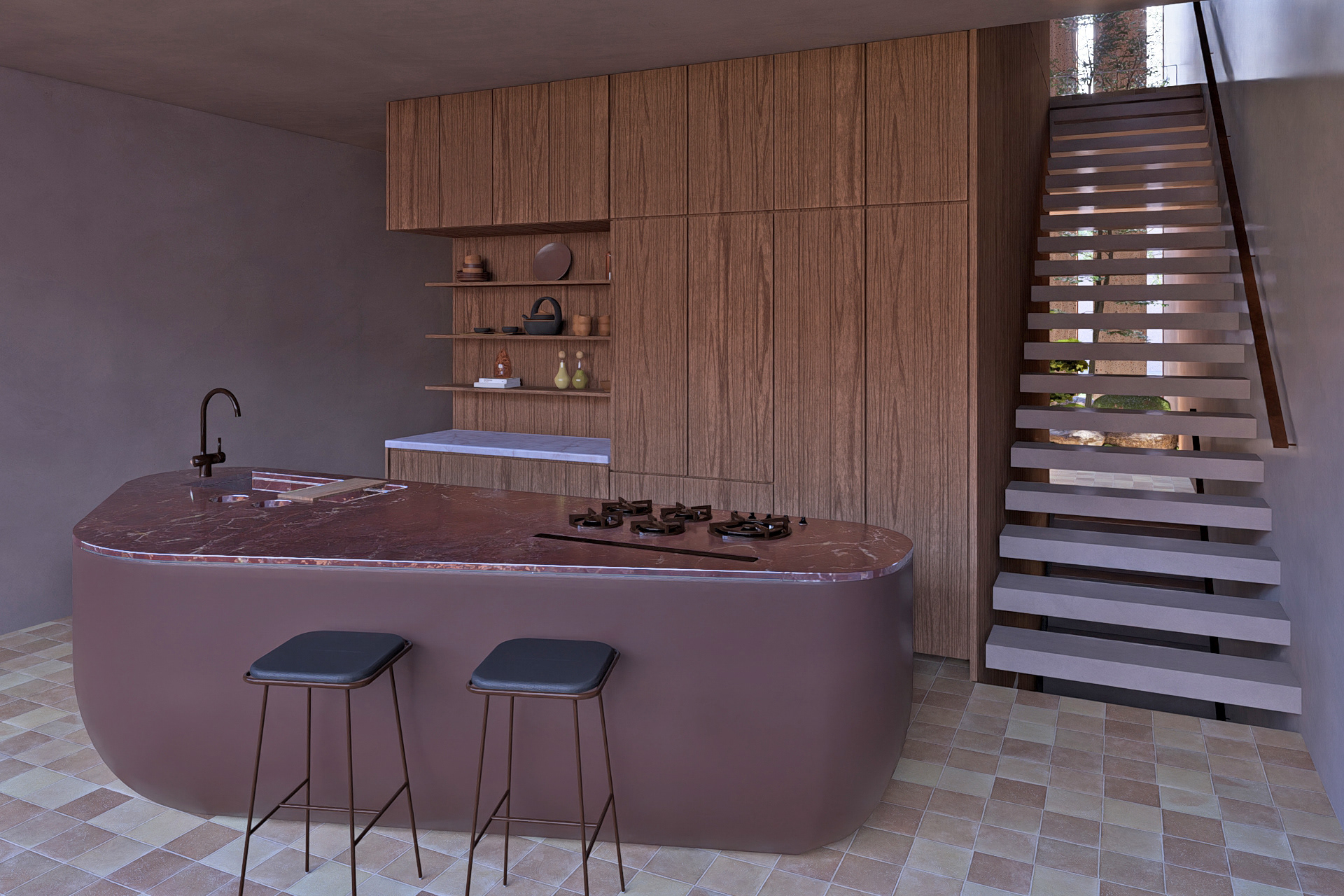 the whole 5 levels rotate around a service block including bathrooms and an elevator