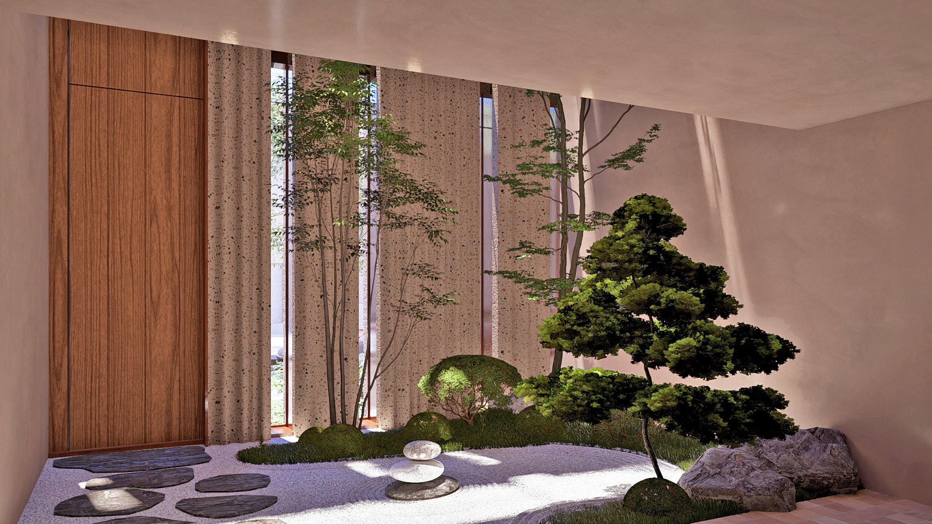 an entrance thru a zen garden welcomes you