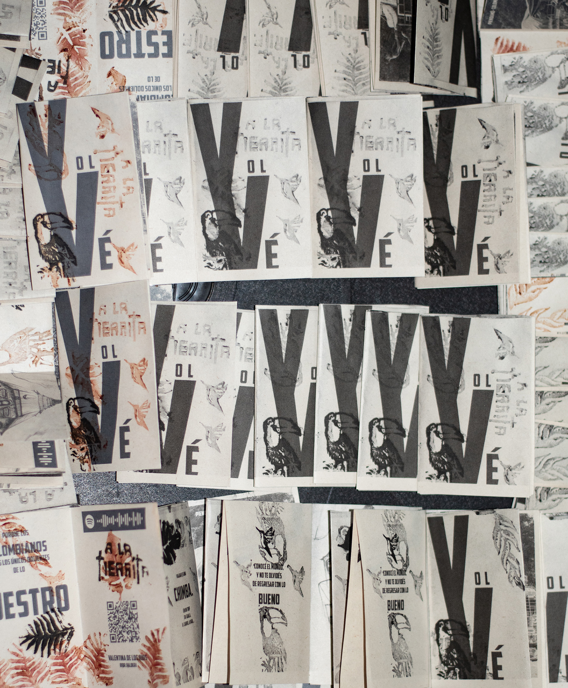 Fotografía de fanzines impresos sobre migración colombiana, autopublicación y gráfica experimental.