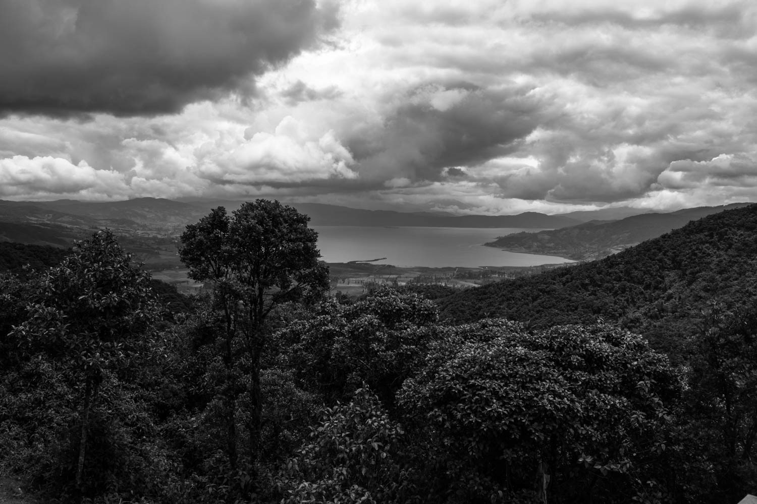 Fotografía en blanco y negro de paisaje montañoso con bosque denso, lago al fondo y cielo cubierto de nubes dramáticas