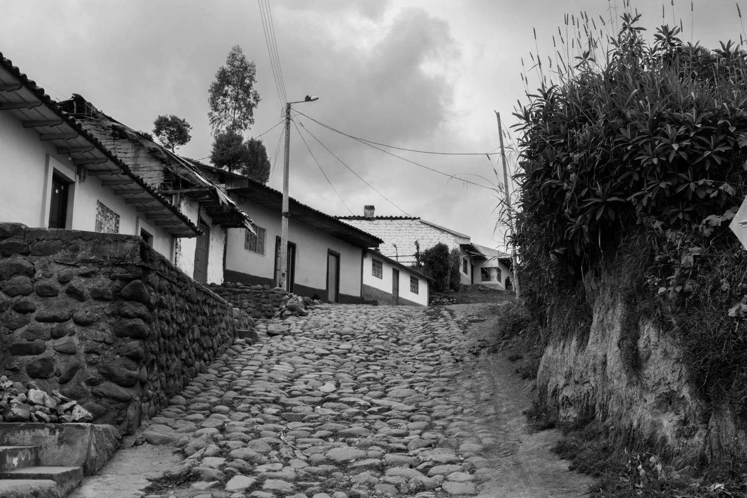 Fotografía en blanco y negro de calle empedrada en pendiente con viviendas rurales y muros de piedra
