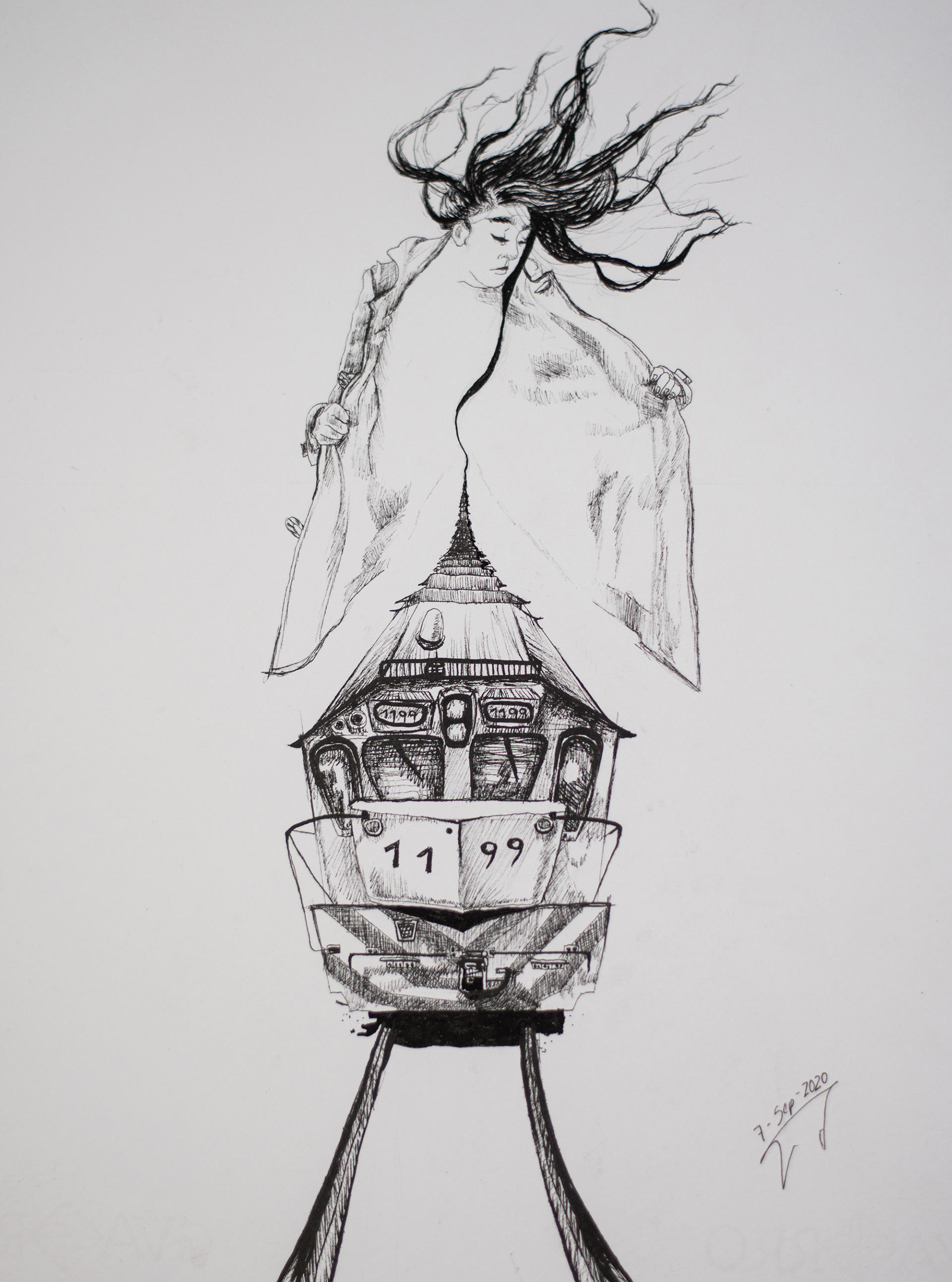 Ilustración en tinta sobre migración, viaje y memoria, con figura femenina y tren.