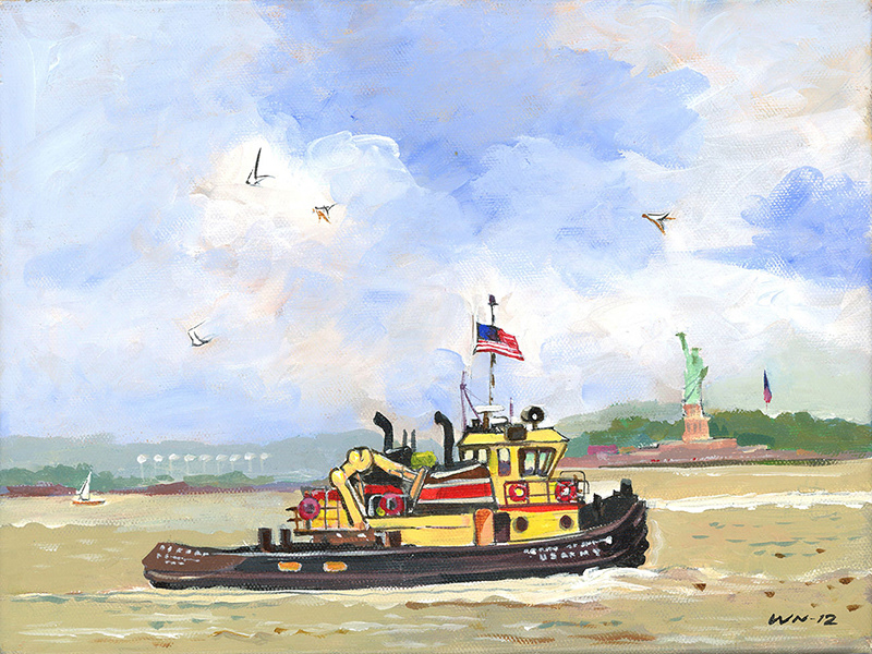 "Coming to Brooklyn" is a series of illustrations for souvenir postcards, originally painted with acrylic on canvas. Original size 9"x12." © Win Naing 2021, New York, All rights reserved.