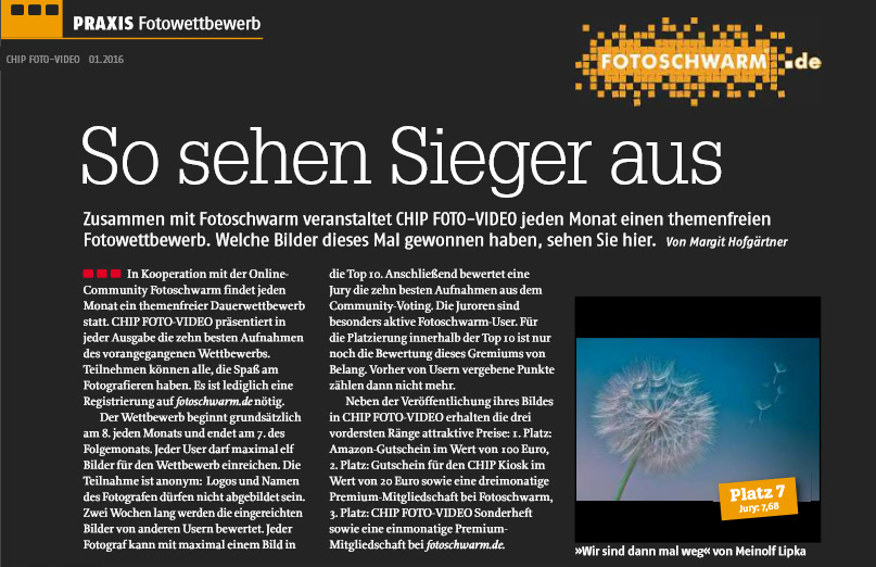 02.12.2015  Zeitschrift CHIP Foto Video   Ausgabe 01/2016  7. Platz PRAXIS Fotowettbewerb