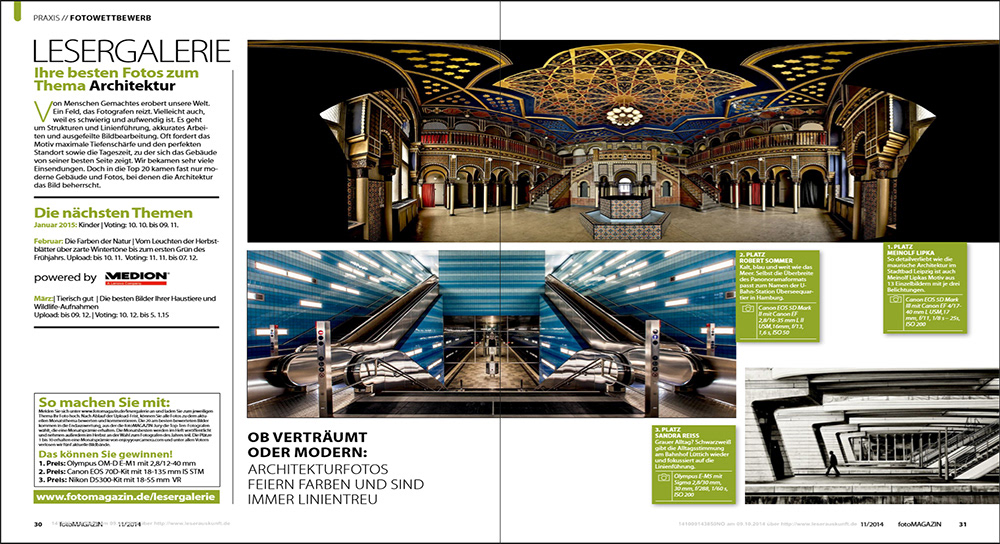 09.10.2014  Zeitschrift fotoMAGAZIN  Ausgabe 11/2014  1. Platz Fotowettbewerb Architektur