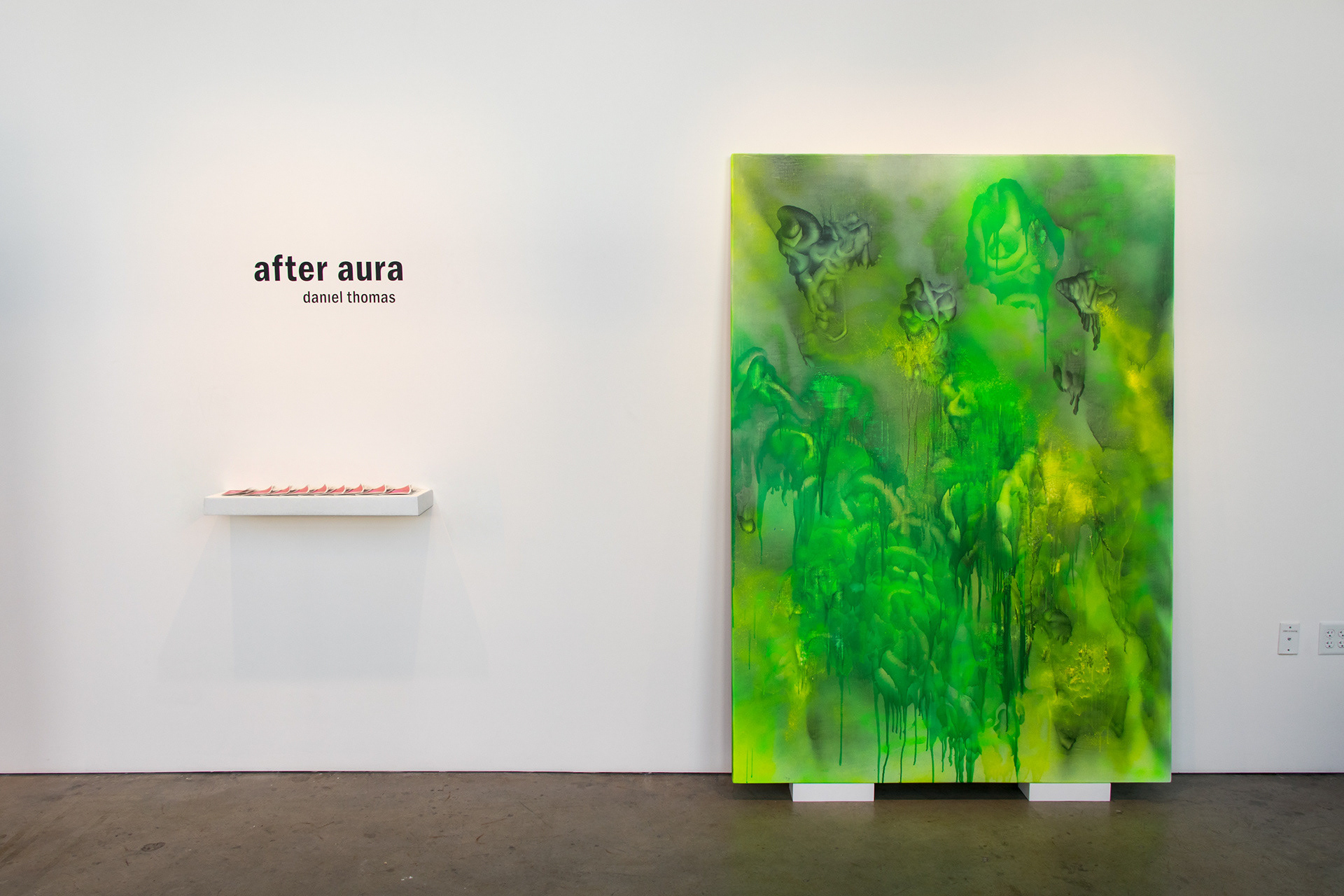 This photograph documents some aspects of a painting exhibition called "After Aura" with a green painting, vinyl signage, and a floating shelf with books.